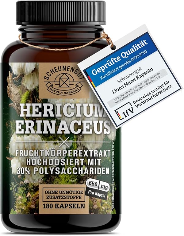 Lions Mane 1950mg -WICHTIG: 30:1 Extrakt (=58500mg Hericium Erinaceus pro Tagesdosis) +30% Polysaccharide +5% Beta Glucan -Lions Mane Kapseln- Vegan + Laborgeprüft DE SCHEUNENGUT®