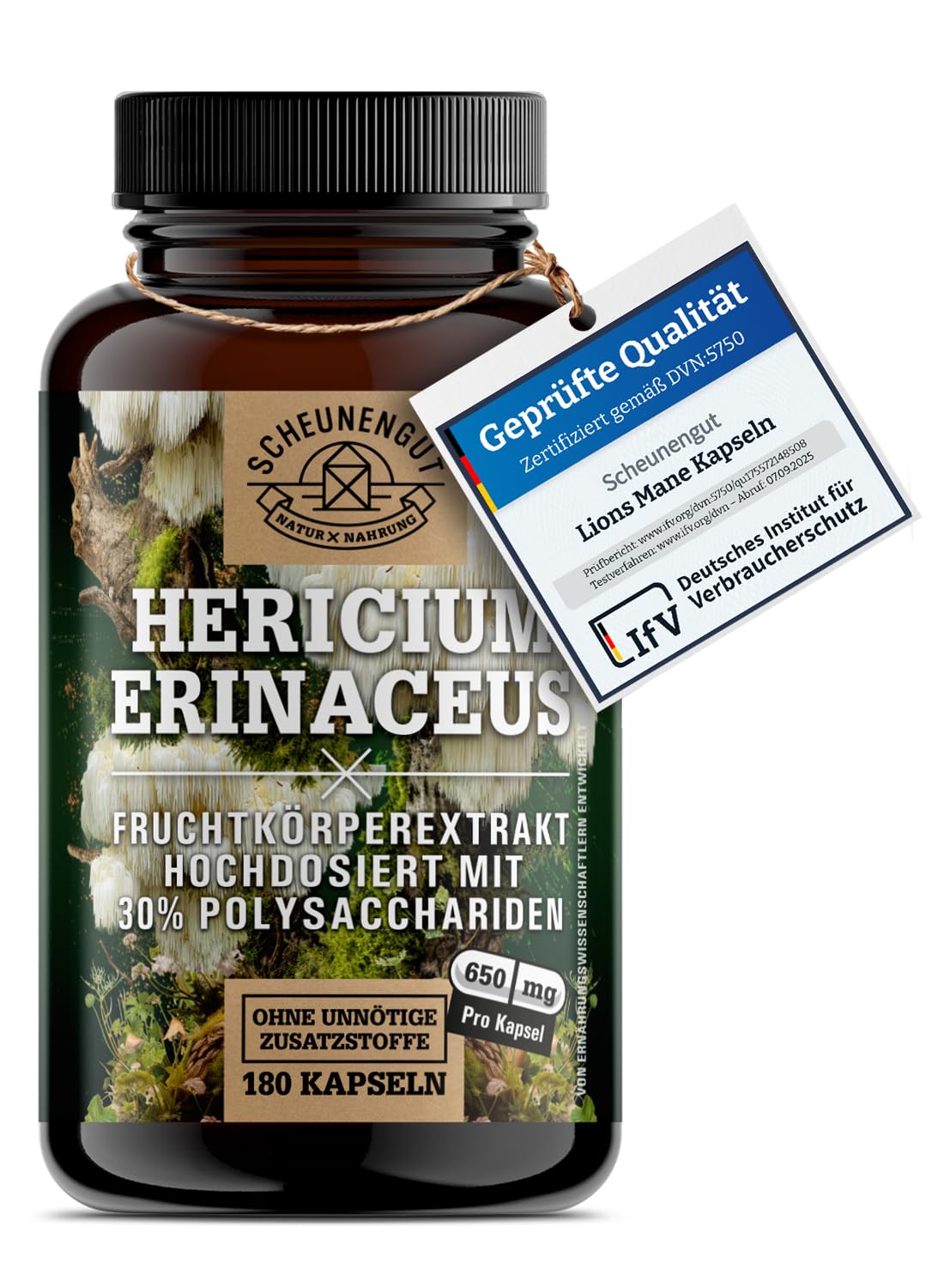 Lions Mane 1950mg -WICHTIG: 30:1 Extrakt (=58500mg Hericium Erinaceus pro Tagesdosis) +30% Polysaccharide +5% Beta Glucan -Lions Mane Kapseln- Vegan + Laborgeprüft DE SCHEUNENGUT®