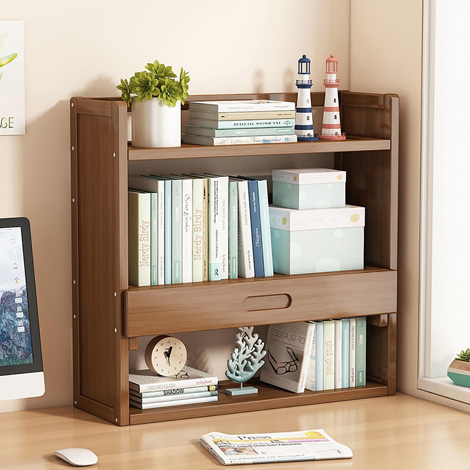 Schreibtisch-Organizer aus Holz mit Schubladen für Heimbürobedarf, zweilagig, 66 cm, Schreibtisch-Bücherregal