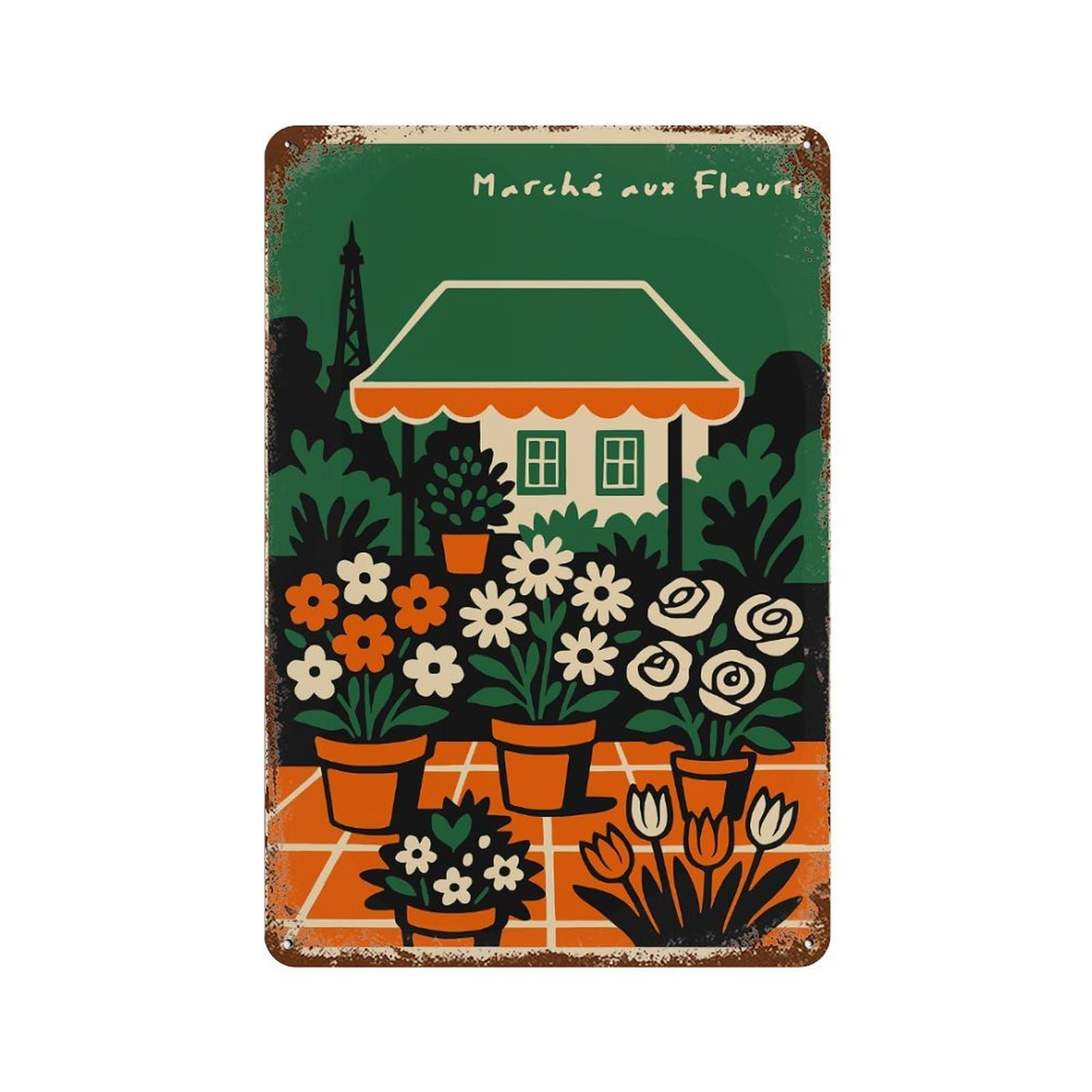 Marché Aux Fleurs Floral Illustration 11.8"x7.9" Vintage Rust Metal Sign, Shabby Chic Decor for Garage, Bar And Workshop Decor