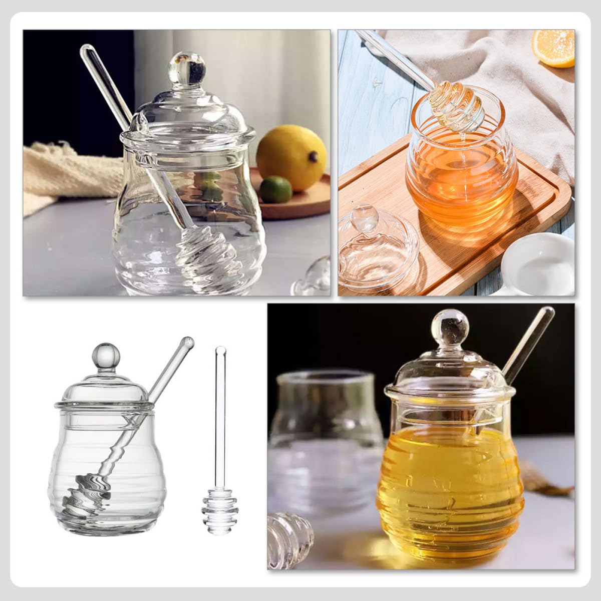 Honigtopf Glasbehälter mit Deckel und Rührstab für Honig Transparent Passend für Zuhause Küche und Gastronomie