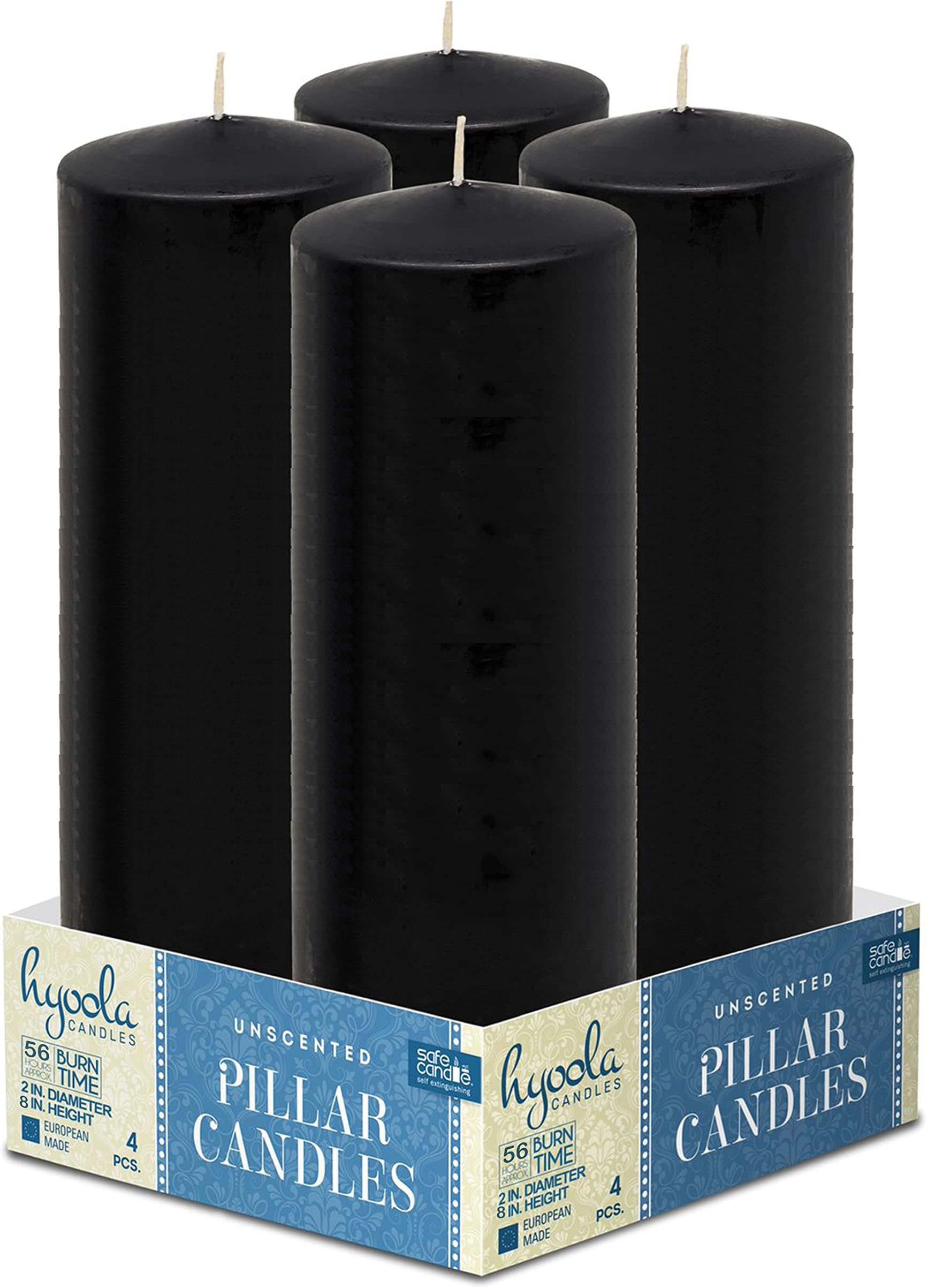 Hyoola Black Pillar Candles 2x8 Inch - 4 Pack Unscented Pillar Candles - European Made