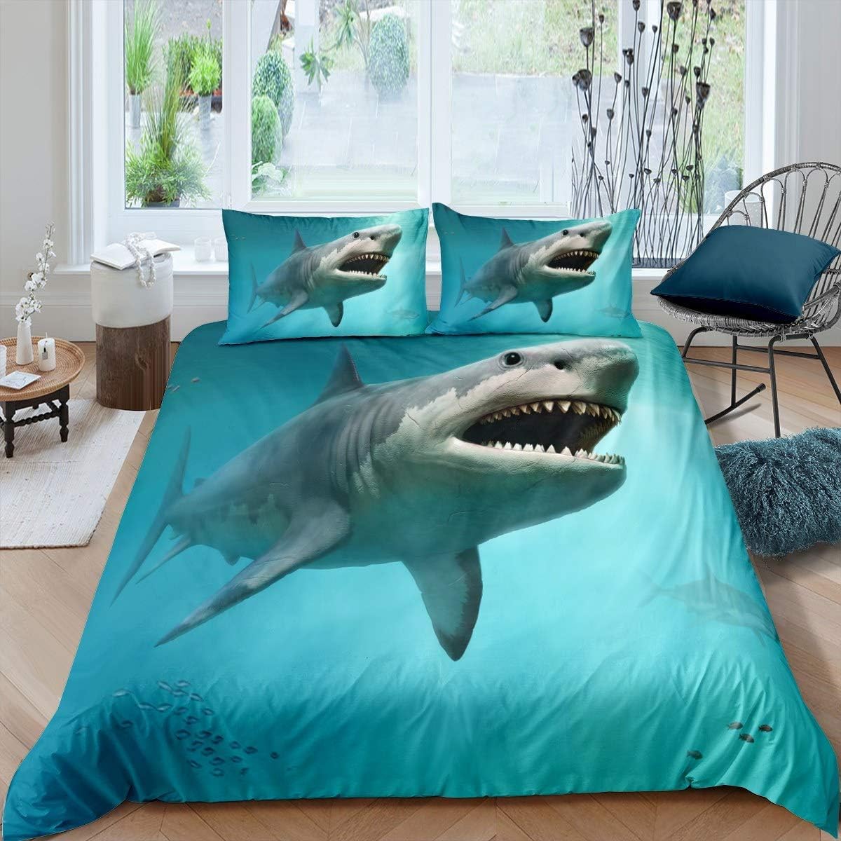 Homemissing Horror Shark Duvet Cover Ocean Marine Theme Bedding Set Sea Underwater World King Size Bed Cover for Children Teens Room Decor Creature Sealife Bedspread With 2 Pillow Case — image 1