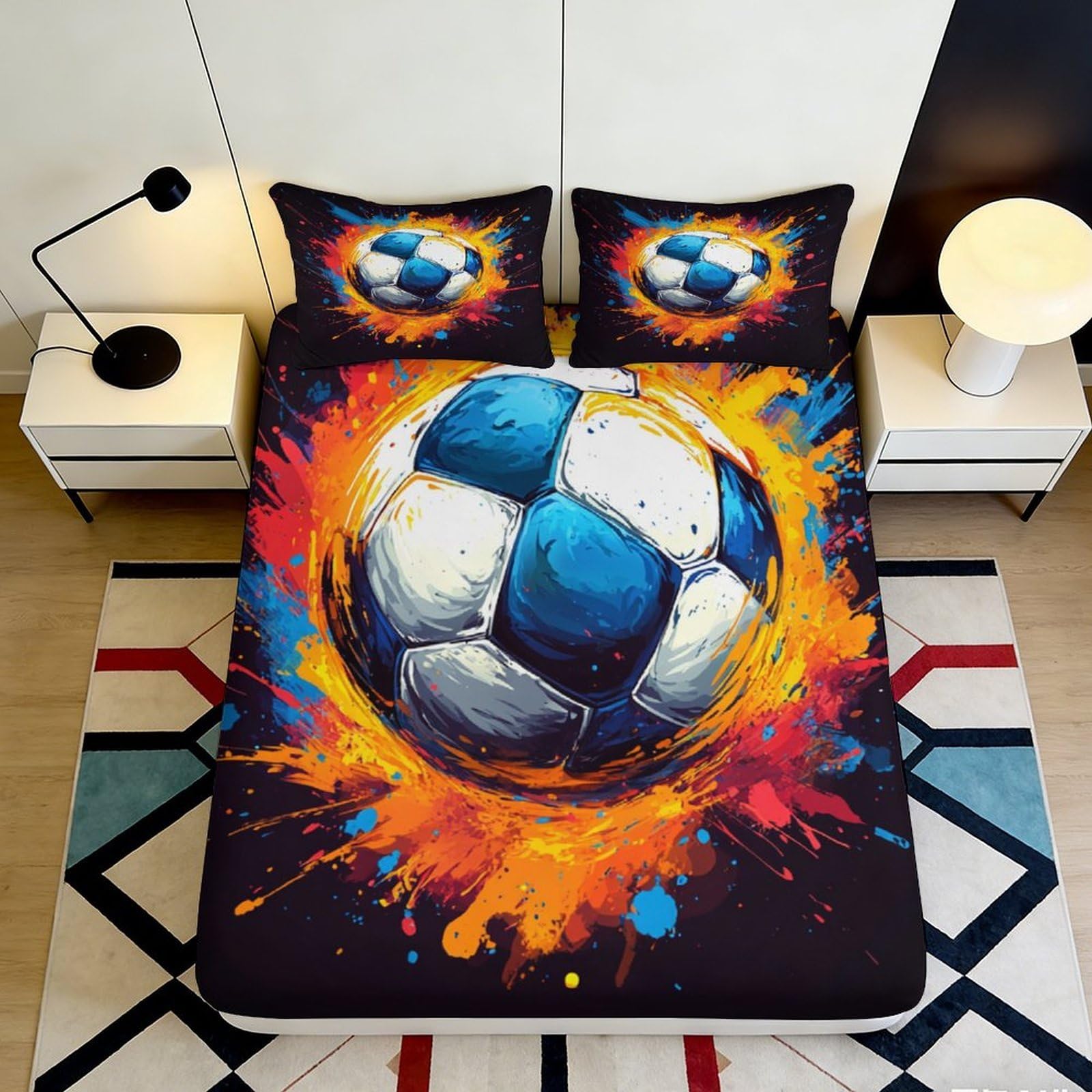3D Printed Soccer Ball Fitted Sheet Microfiber Soft Breathable Fire Splash Bed Cover for Bedroom Guest Room Decor 90x200x25cm