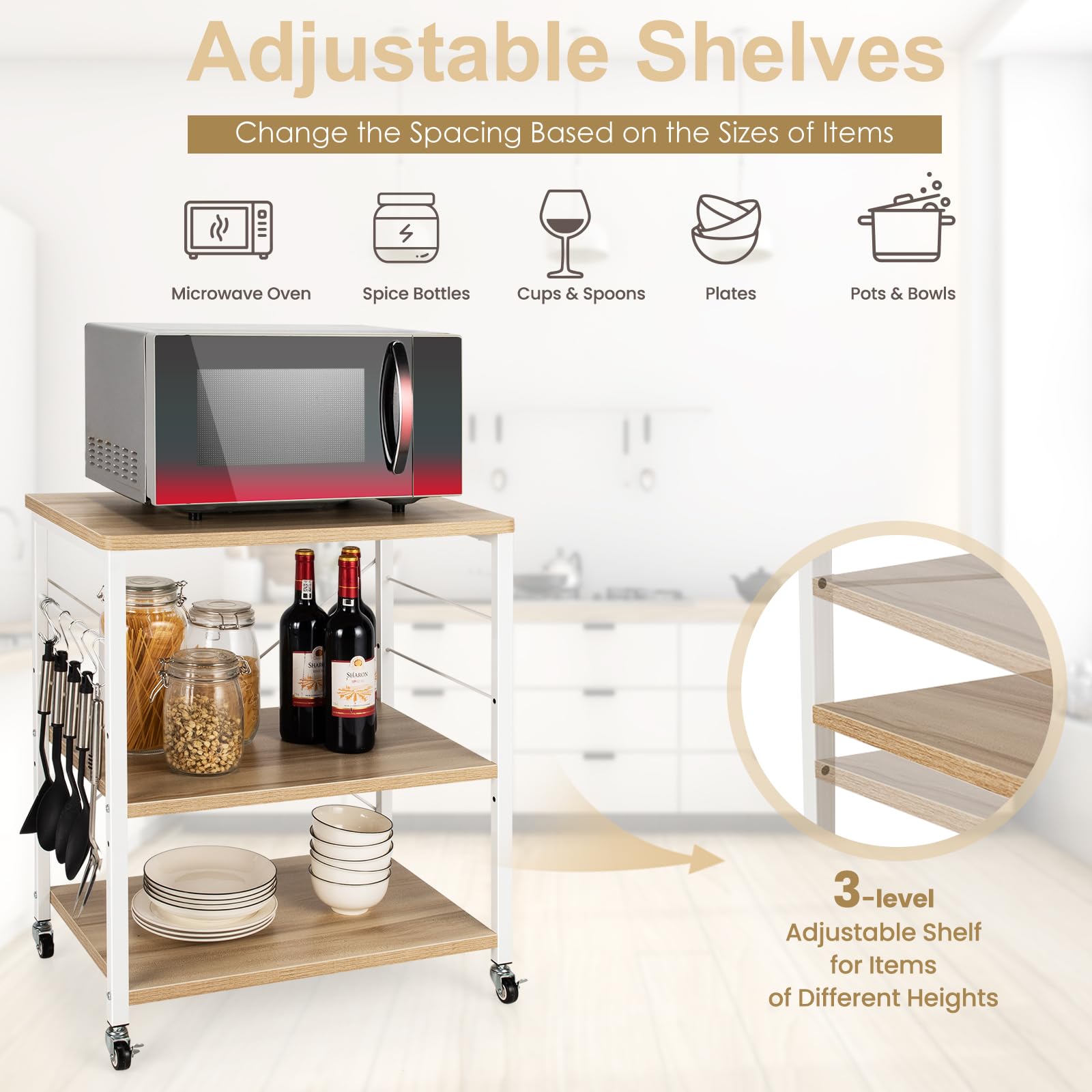 HOMASIS Carrello Porta Stampante a 3 Livelli in Legno, Carrellino con Ruote Portatutto con 10 Ganci, Struttura a X, Ripiani Regolabili 2 Ruote con Freni, Scaffale Multiuso per Ufficio (Beige)