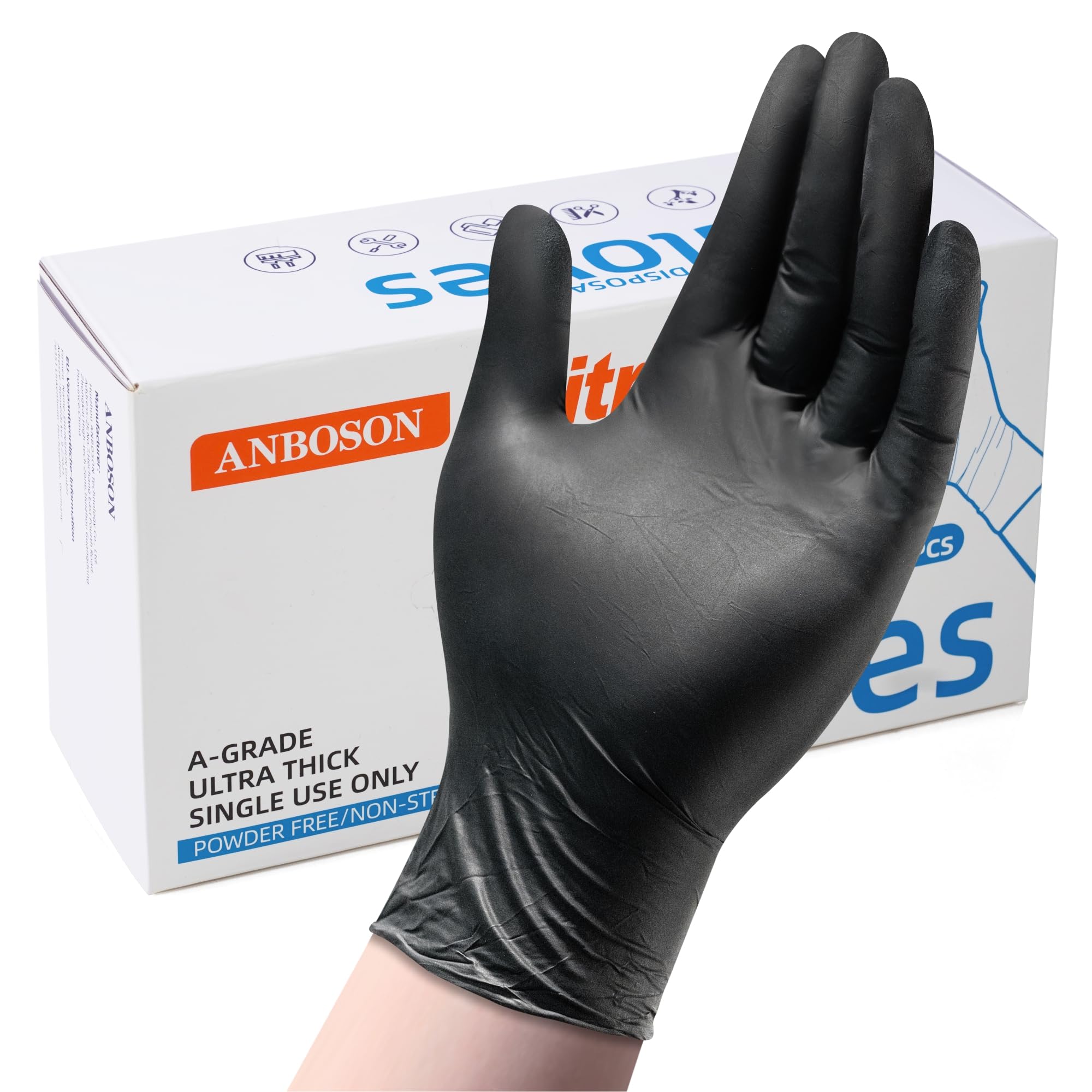 ANBOSONANBOSON 6 mil Disposable Nitrile Gloves, Heavy Duty Disposable Glove, Cooking Gloves, Latex Free, Powder Free (Black of 100, Large)
