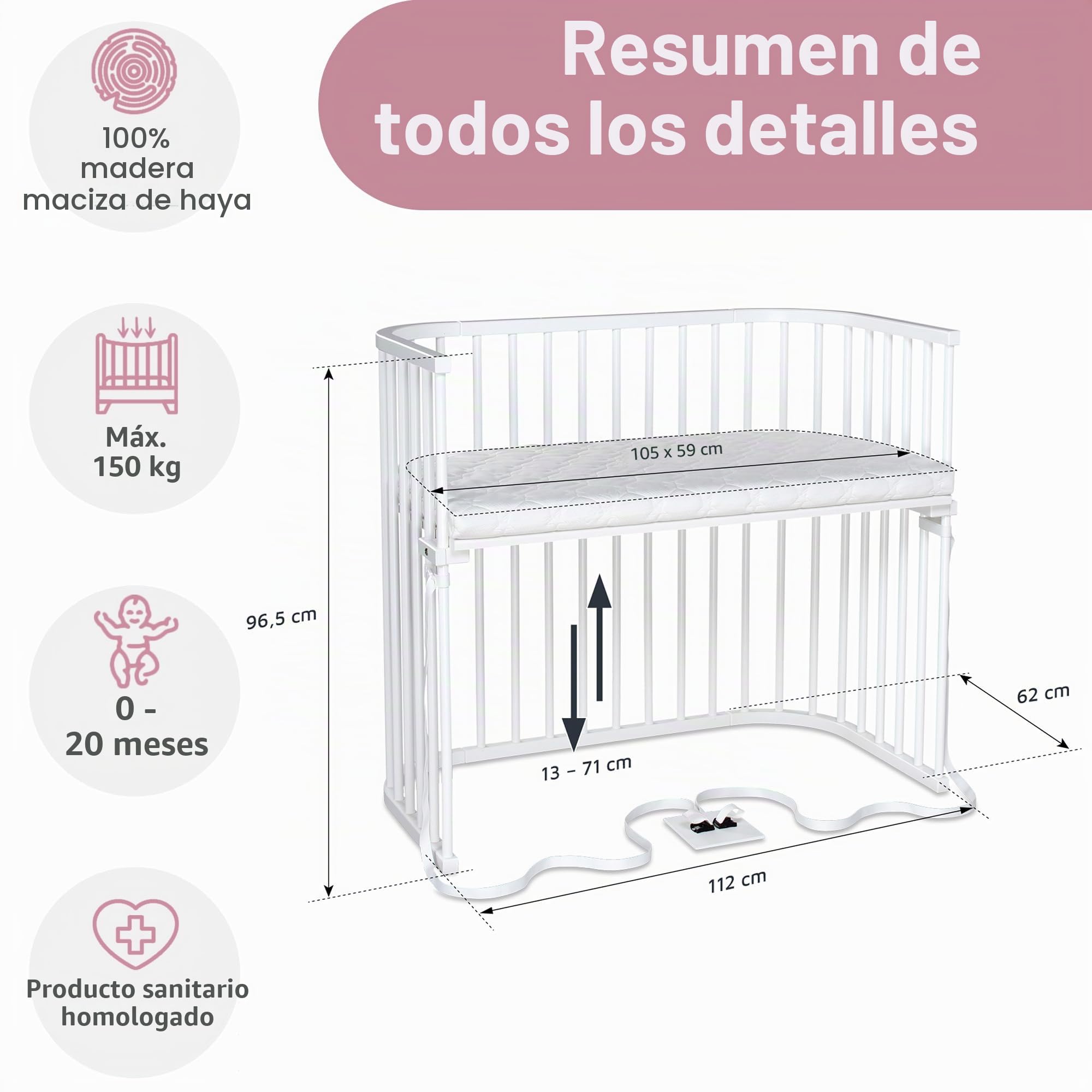 babybay Boxspring XXL - Cuna auxiliar de madera de haya maciza, compacta y transformable, altura regulable sin niveles, cuna de bebé (lacada en blanco)