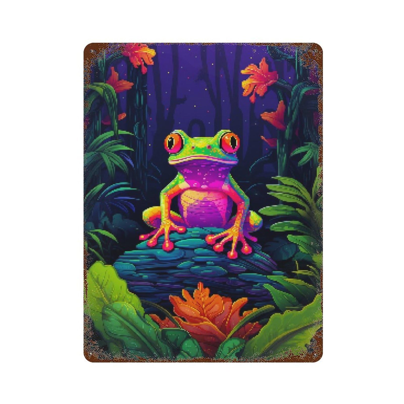 Tropical Frog Pixel Art Rusty Metal Tin Sign 15.7"x11.8", for Pub, Kitchen And Man Cave Decor, Farmhouse Wall Decor