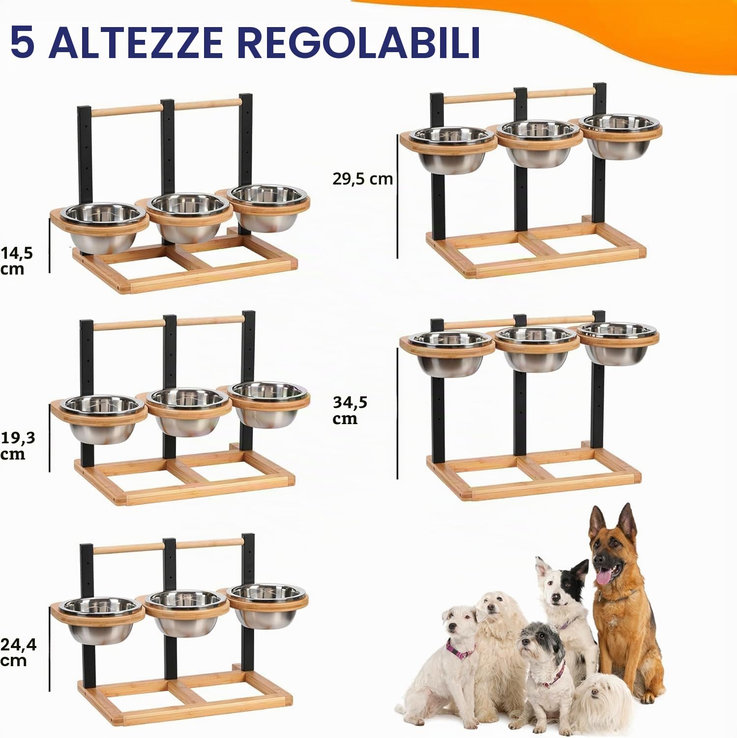 Ciotola per cani rialzata, 5 altezze regolabili con 3 ciotole in acciaio inox da 1400 ml e legno rialzato per cani di taglia grande