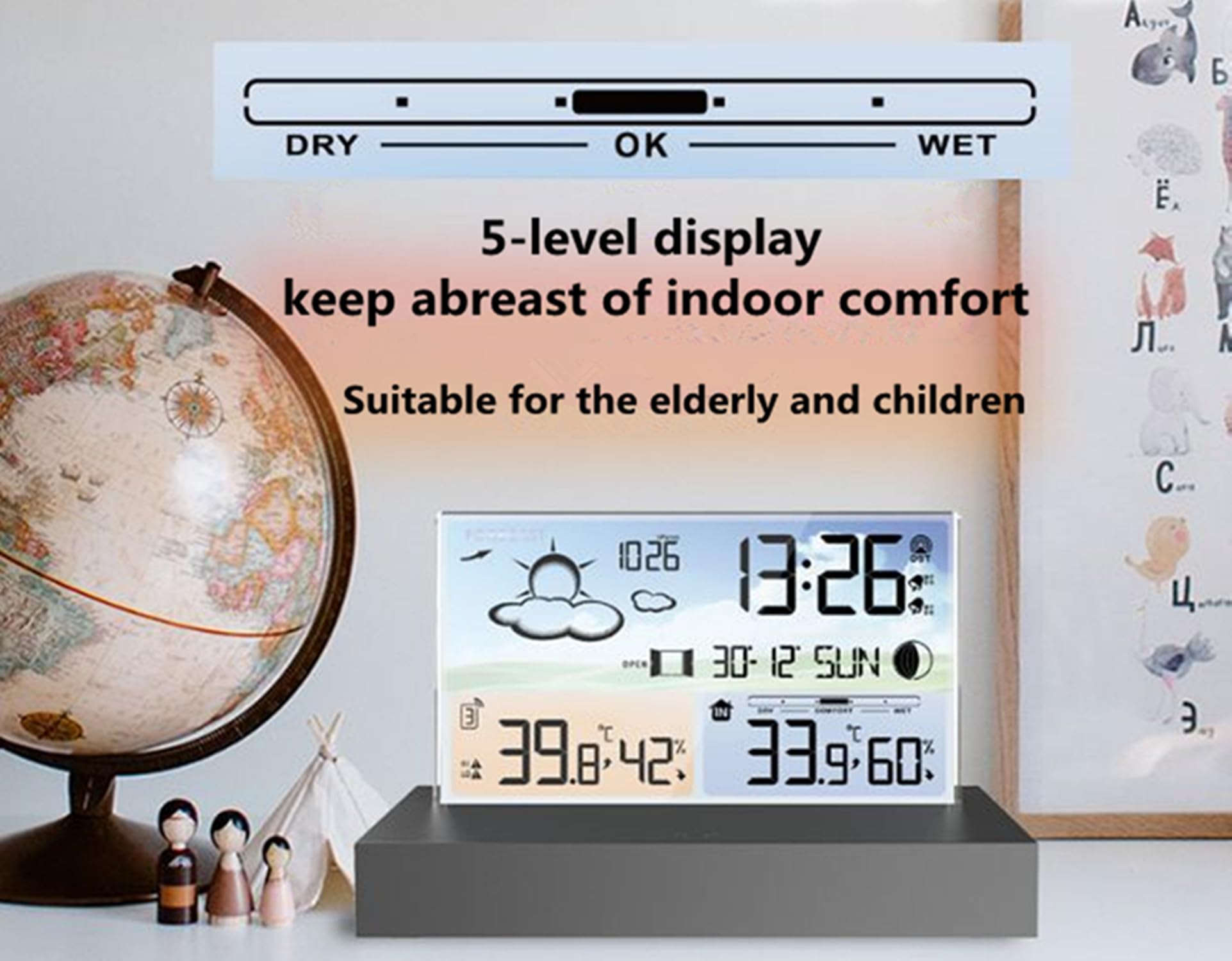 Stazione meteo Digitale con Sensore Esterno di Monitoraggio, Previsioni Meteo, Multifunzione Orologio, con Sveglia Tempo Data Igrometro, in vetro trasparente con Ampio Schermo LCD