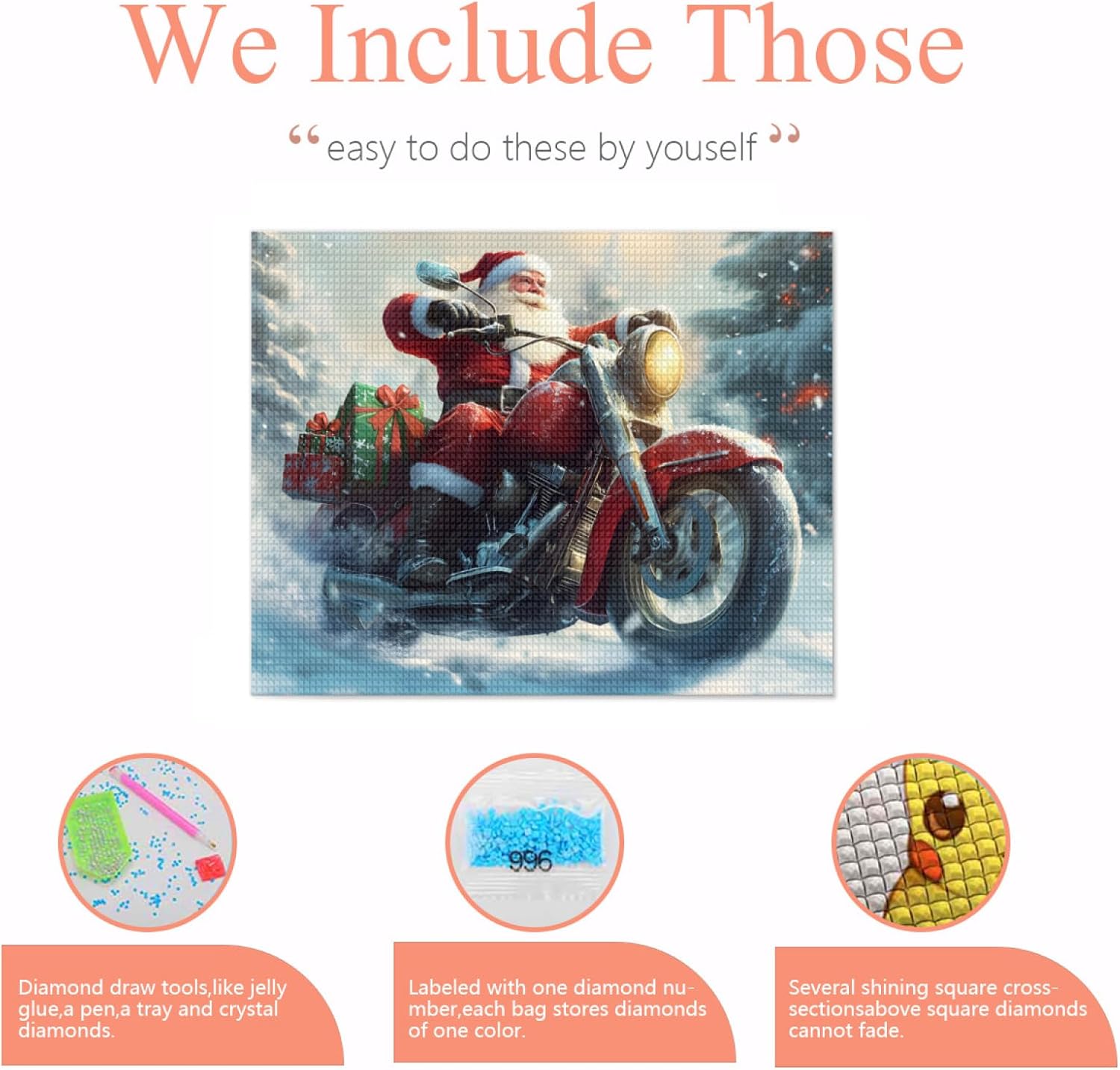 KXBAVPP Winter 5D Diamond Painting Kit for Adults,Christmas Santa Claus Motorcycle Square Full Diamond Crystal Art Xmas,Winter Crafts Home 16x20 Inch