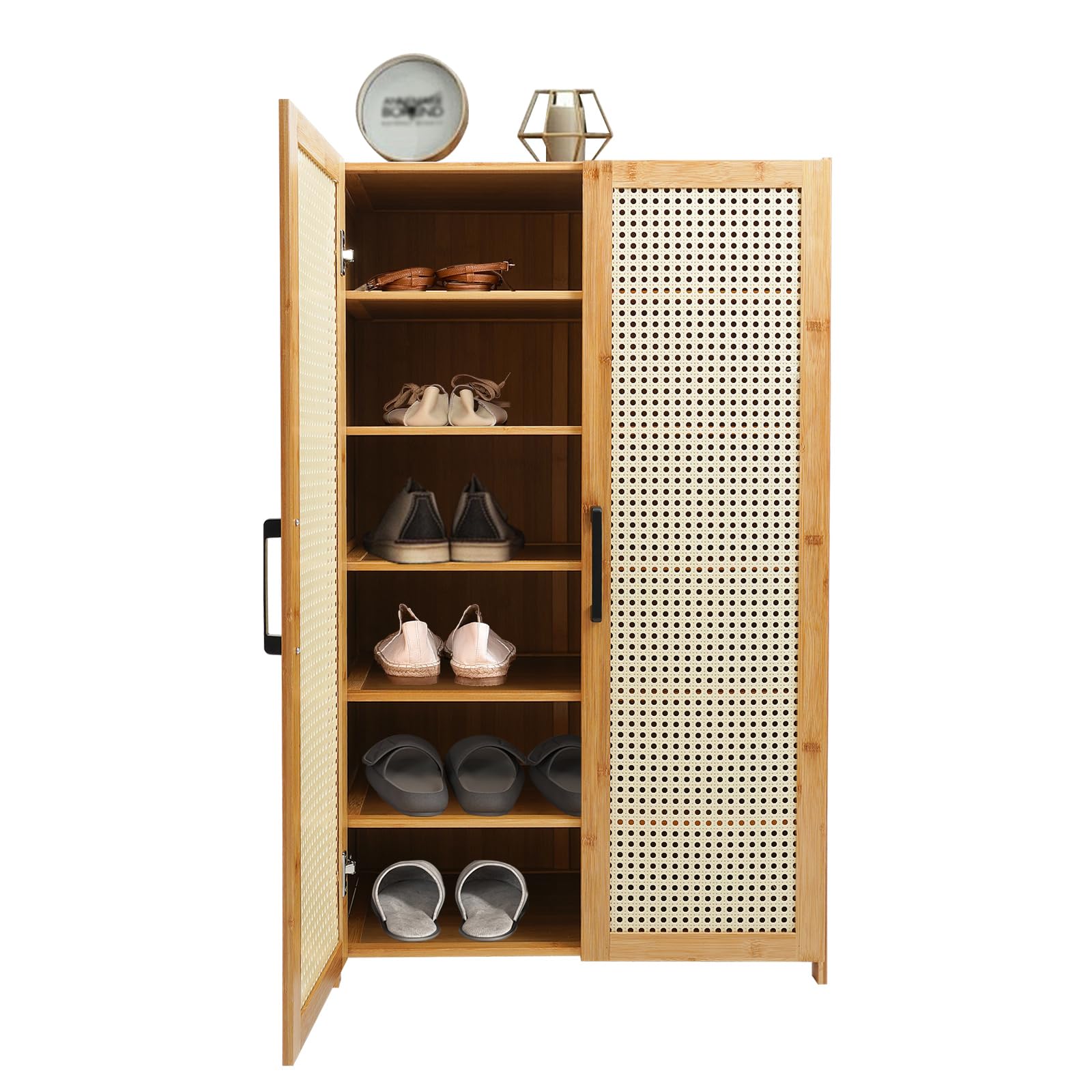 Zapatero de bambú de 6 niveles, 18 – 24 pares de zapatos, zapatero de pie moderno, organizador de zapatos con 2 puertas, bisagra hidráulica para entrada o sala de estar
