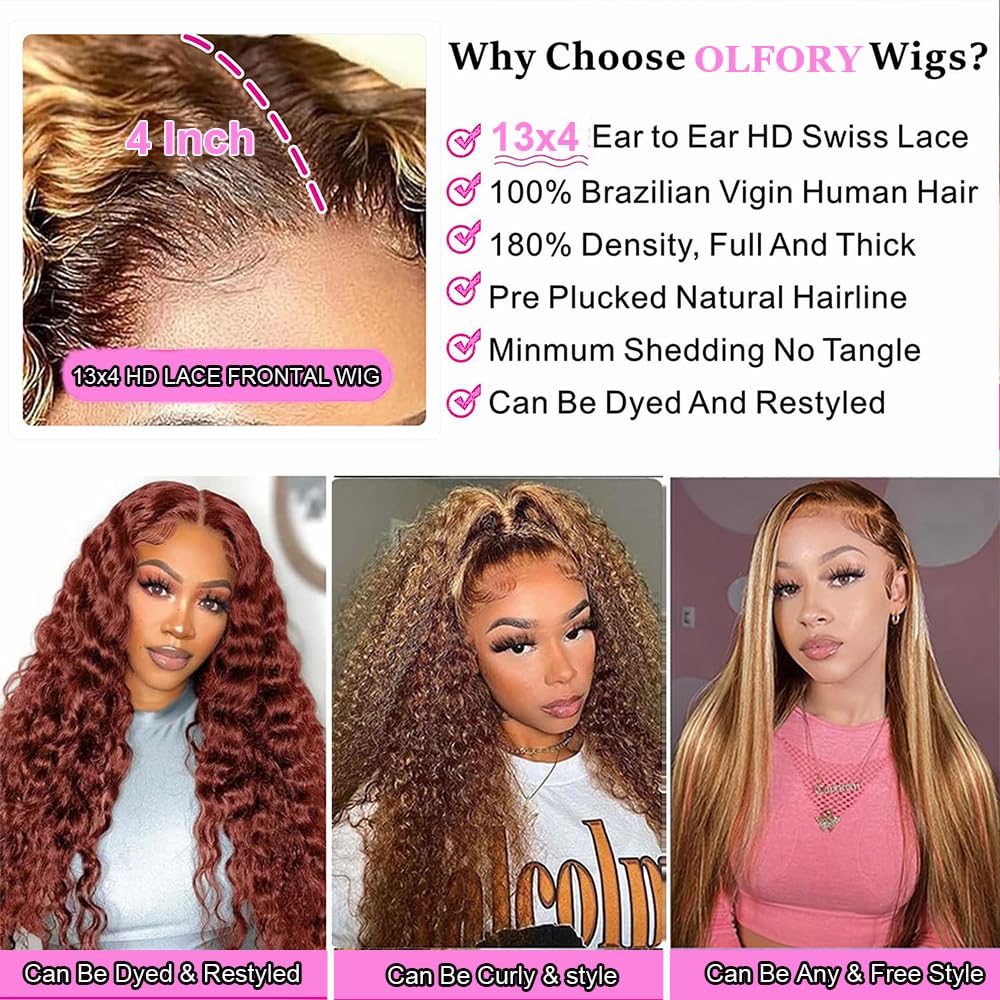 Highlight Ombre Lace Front Wigs Human Hair Pre Plucked 4/27 Deep Wave Human Hair Wigs for Black Women 13x4 HD Lace Front Wigs 200% Density Glueless Colored Wigs for Women 30 Inch