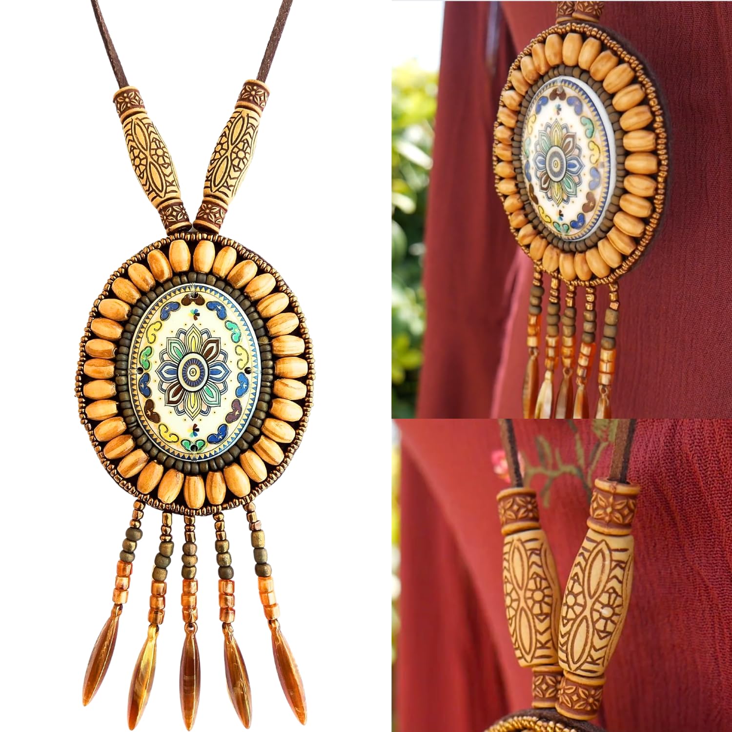 Collar con cuentas bohemias para mujer con colgante largo de madera para mujer, collar de madera de DREMINOVA, Madera, Cuentas,