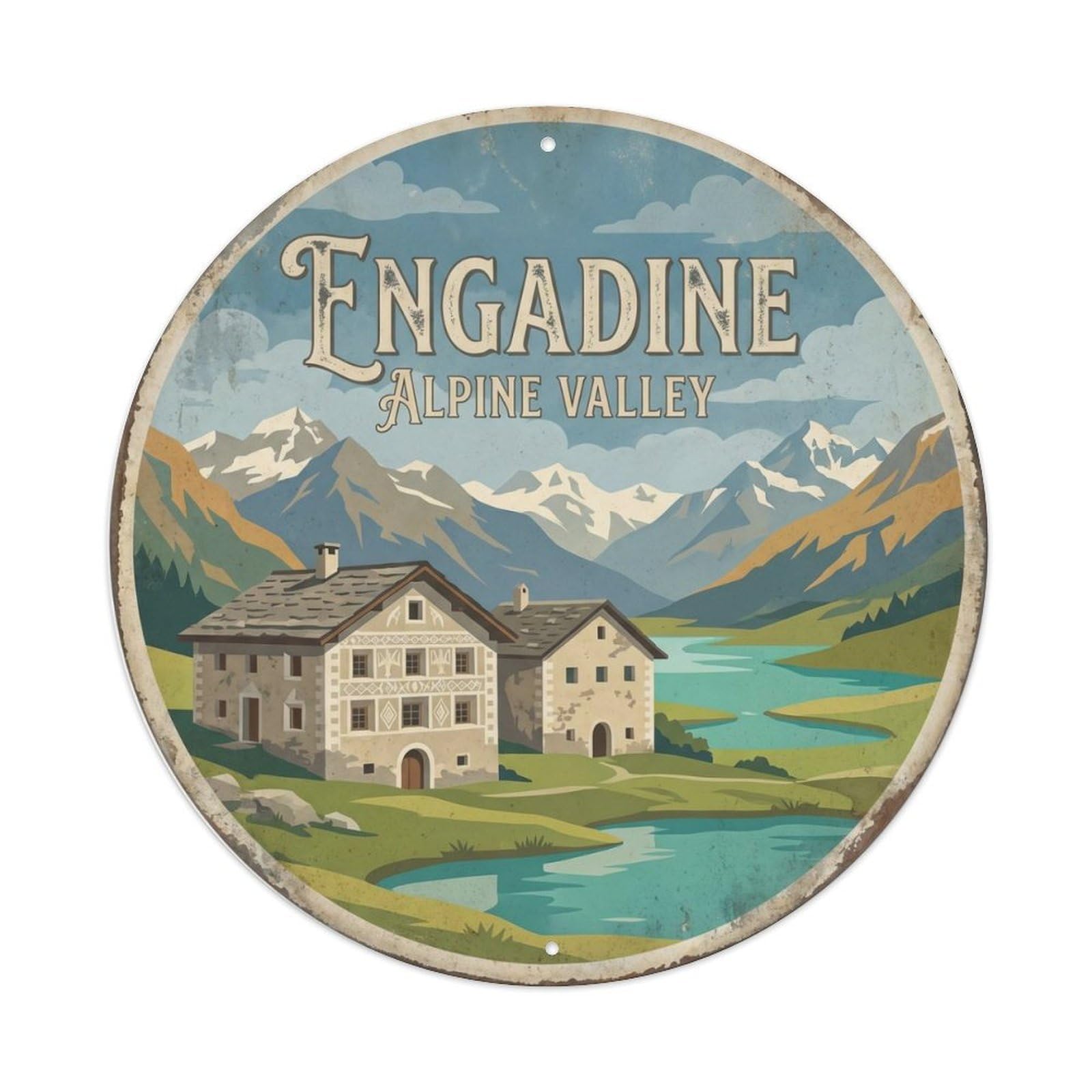 Vintage Travel Engadine Valley Switzerland Metal Tin Sign Plaque Wall Decor for Cafe, Club Bar, Office, Home Garden Round Metal Poster 8x8Inch