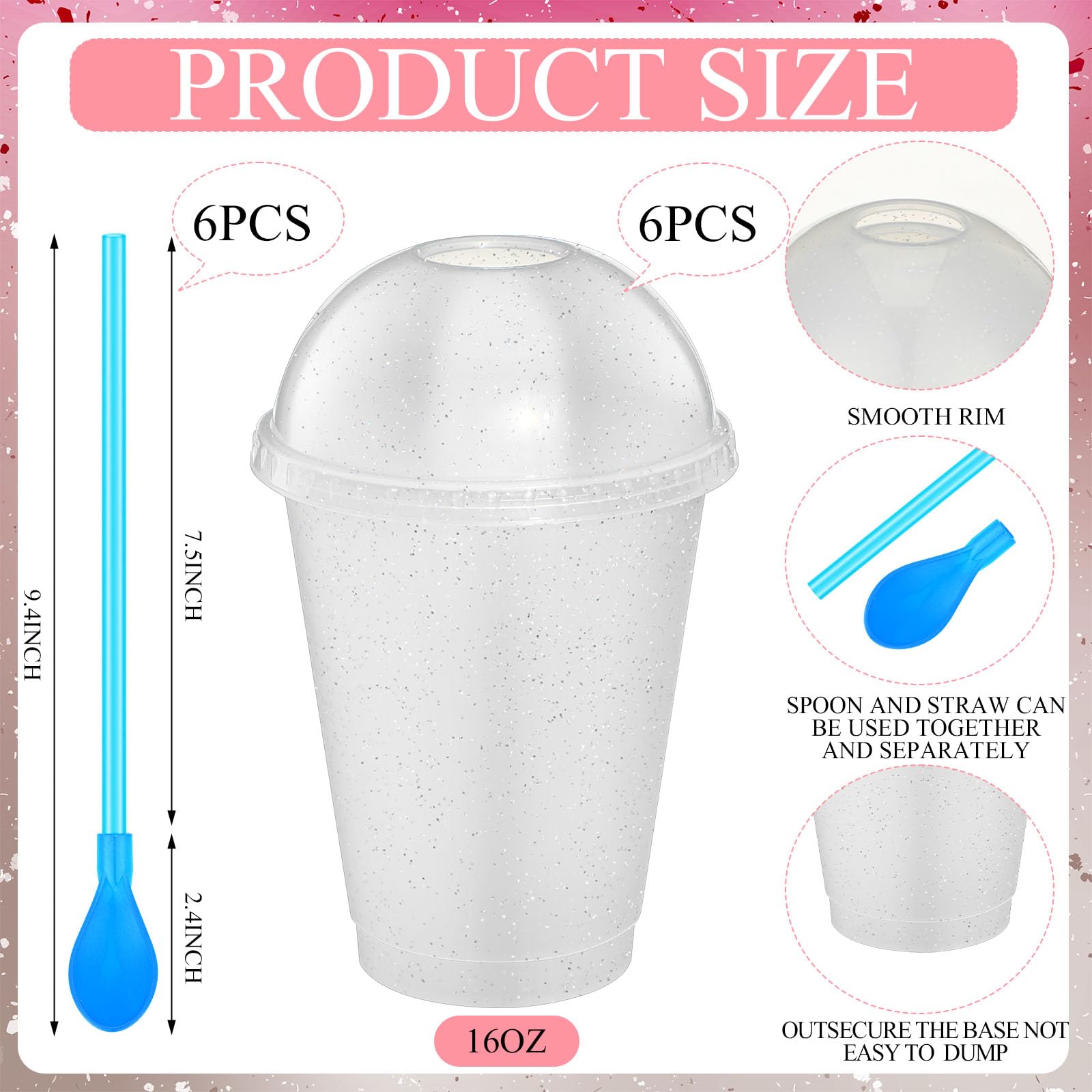 6 juegos de vasos de plástico reutilizables con purpurina de 16 onzas con tapas de cúpula, popotes de cuchara desmontables, vasos de plástico reutilizables para batidos, vaso de verano para café
