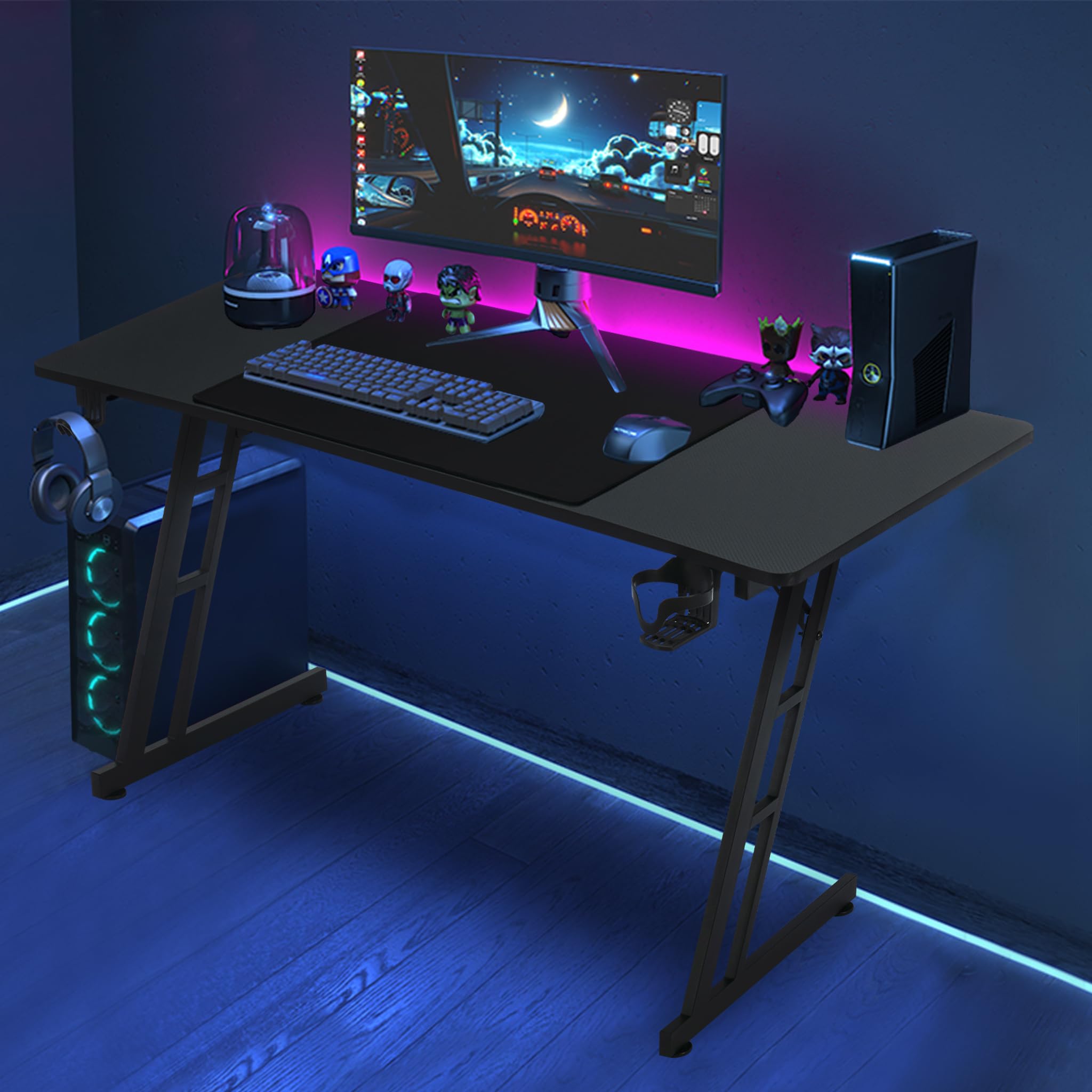 NAIZY Gaming Tisch 160x60cm Gamingtisch Schwarz Schreibtisch Kohlefaserplatte Gamer Computertisch Ergonomischer PC Tisch mit Kabelloch