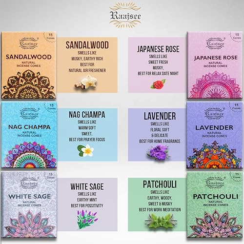 Miniatura 3 de Raajsee Conos de incienso natural, paquete de 6 aromas mixtos, paquete de regalo de 15 piezas cada uno (90 en total), paquete variado de conos de