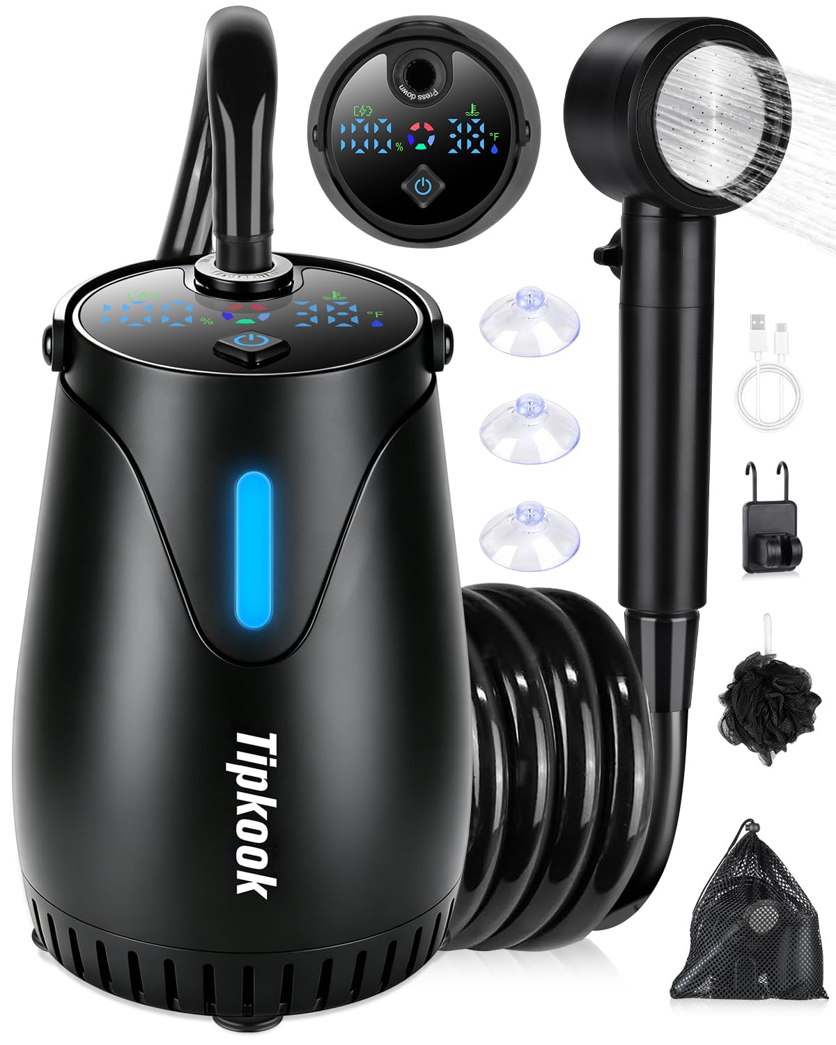Tragbare Campingdusche mit LED-Stimmungslicht, Mobile Outdoor Dusche mit 8000mAh Akku & Temperaturanzeige, 5 Wasserstufen Camping Dusche mit Pumpe & PP-Filter für Camping, Wandern, Haustiere, Vanlife