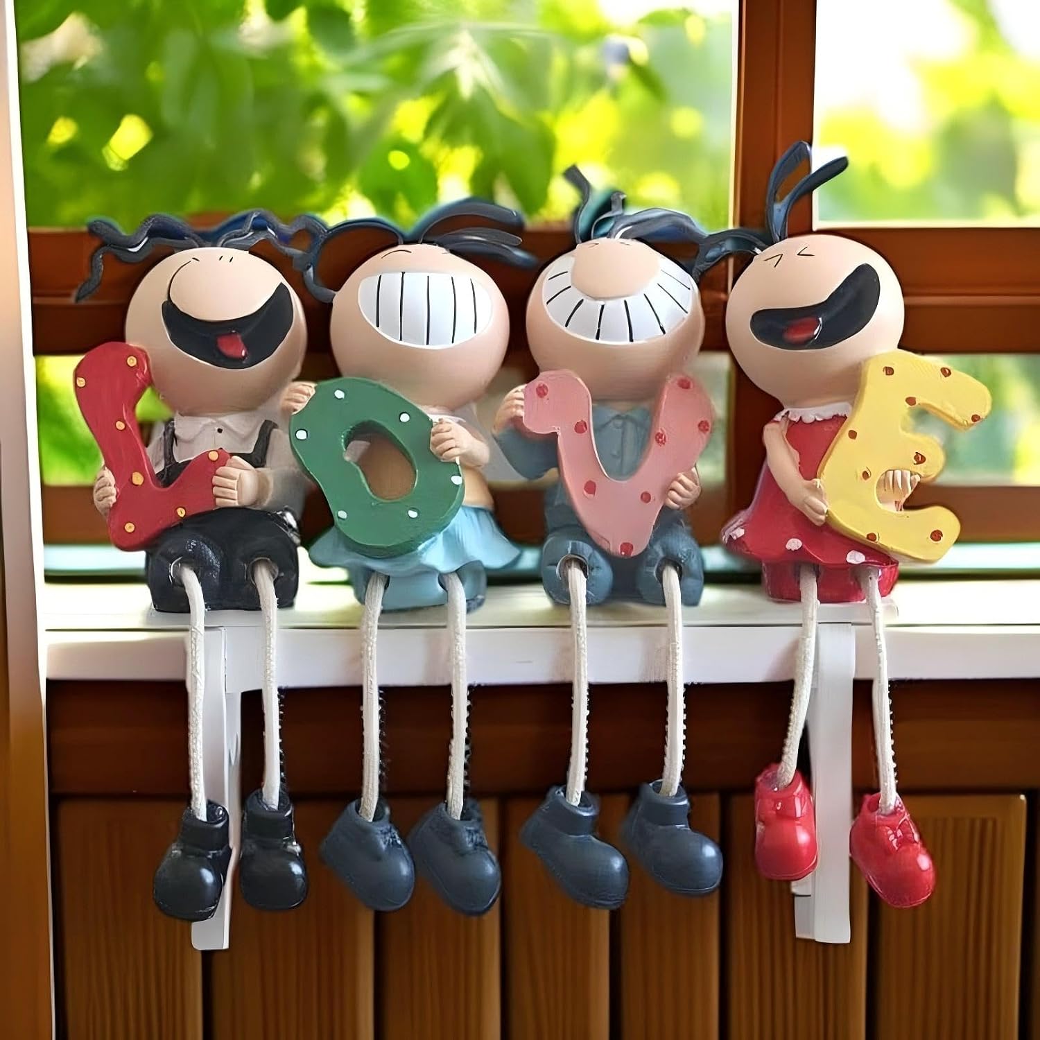 4pcs Shelf Sitter Figurines with Love Letters – 7 Inch Height, Hand-Painted Resin, Cute Hanging Legs, Lovely Living Room Bedroom Home Decor, Cheerful Gift
