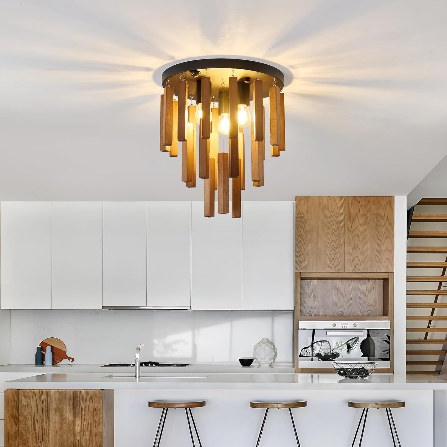 Motion Sensor Semi Flush Mount Ceiling Lights Boho Wood Light Fixture 3-Light Farmhouse Chandelier Oak and Black Ceiling Lighting with E26 for Kitchen Living Room Entryway Bedroom Dining Room