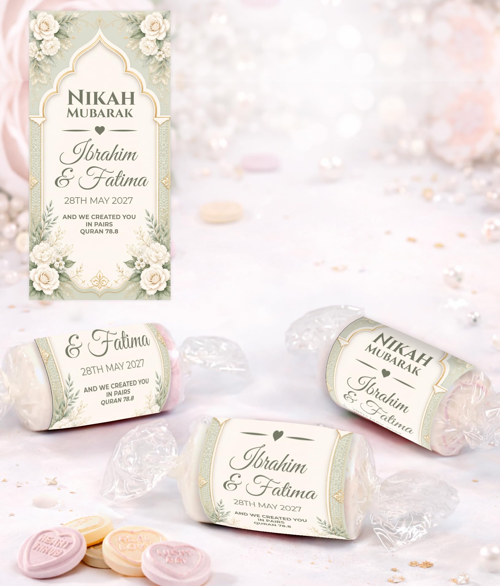 Personalised Nikah Mubarak Wedding Favours Love Hearts Sweets, Custom Wrapped Mini Sweets, Muslim Wedding Favours, Ready Wrapped Table Favours UK Vegan, halal suitable (ph77 Sage Green Gold)