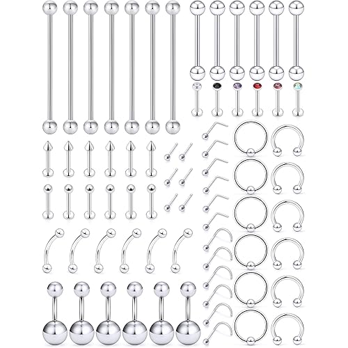 Vsnnsns 14G 16G 20G Lot of Stainless Steel Body Jewelry Piercing Use for Ear Nose Lip Tongue Nipple Eyebrow Septum Belly Button Rings Industrial Piercing Jewelry Kit Silver 72Pcs