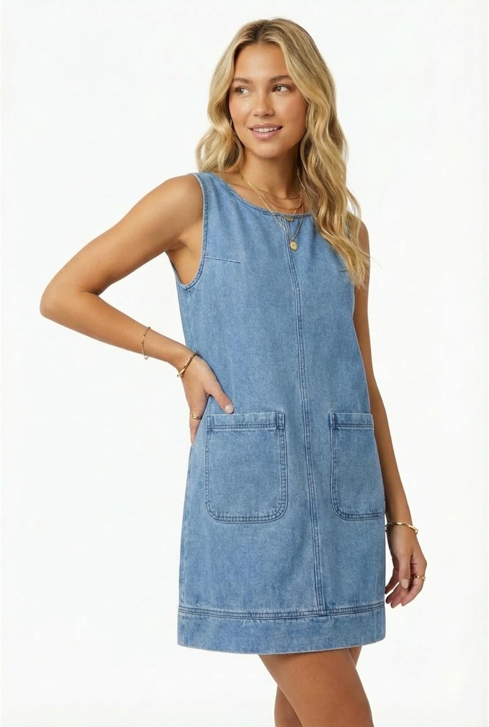 Women's Denim Dress Crewneck Jean Overall Dress Sleeveless with Pockets - Image 2