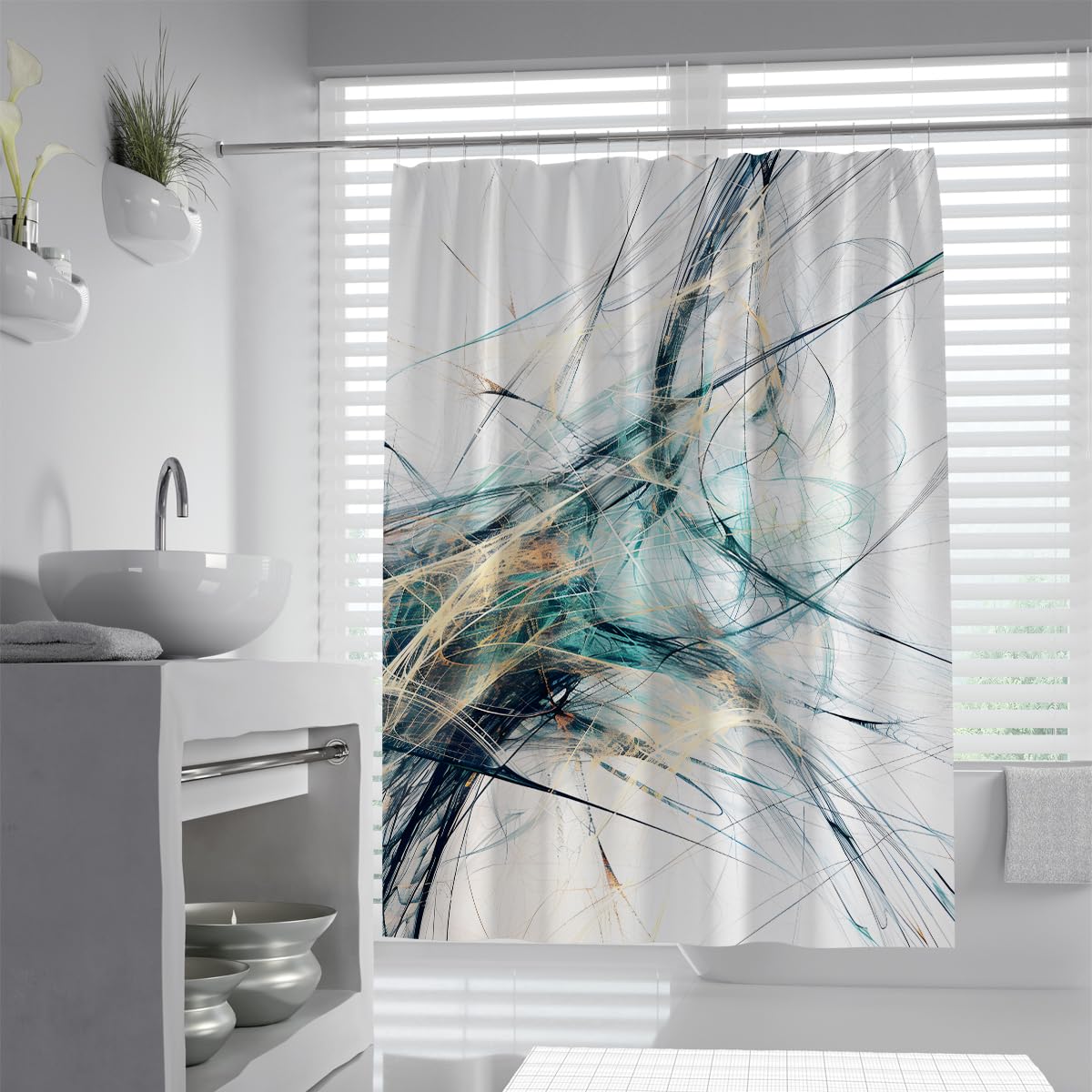 UIRINGART Modern Art Bath Curtains W180xL200cm Abstract Teal Blue Black Splatter Fine Lines Yellow Scratch Pattern Mildew Mould Resistant Polyester Fabric Shower Curtain