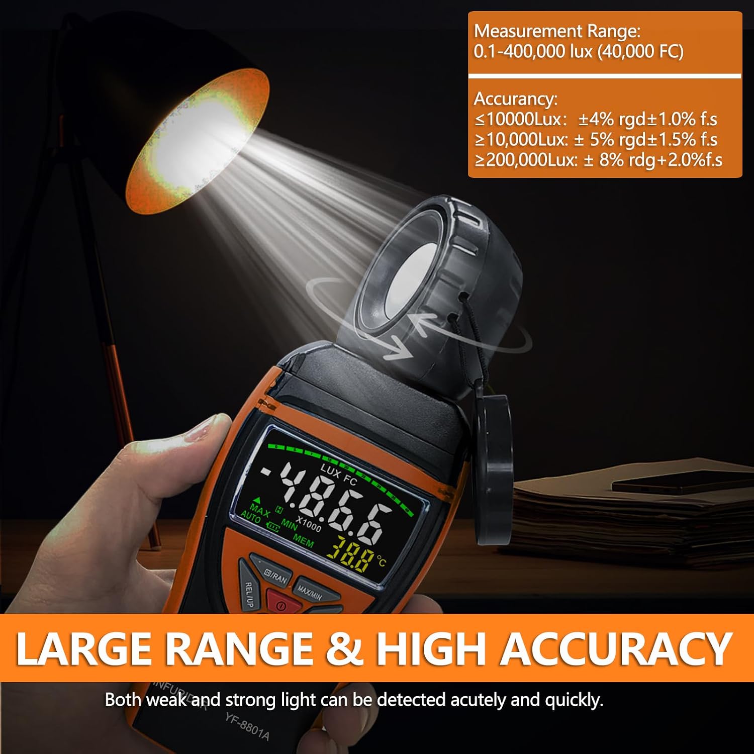 HOLDPEAK Light Meter, Digital Lux Meter 0.1-400,000 Lux, 270º Rotatable Detector, Large Color Backlit Display, Illuminance Meter Temp Luxmeter Lumen Meter for Photography 8801A