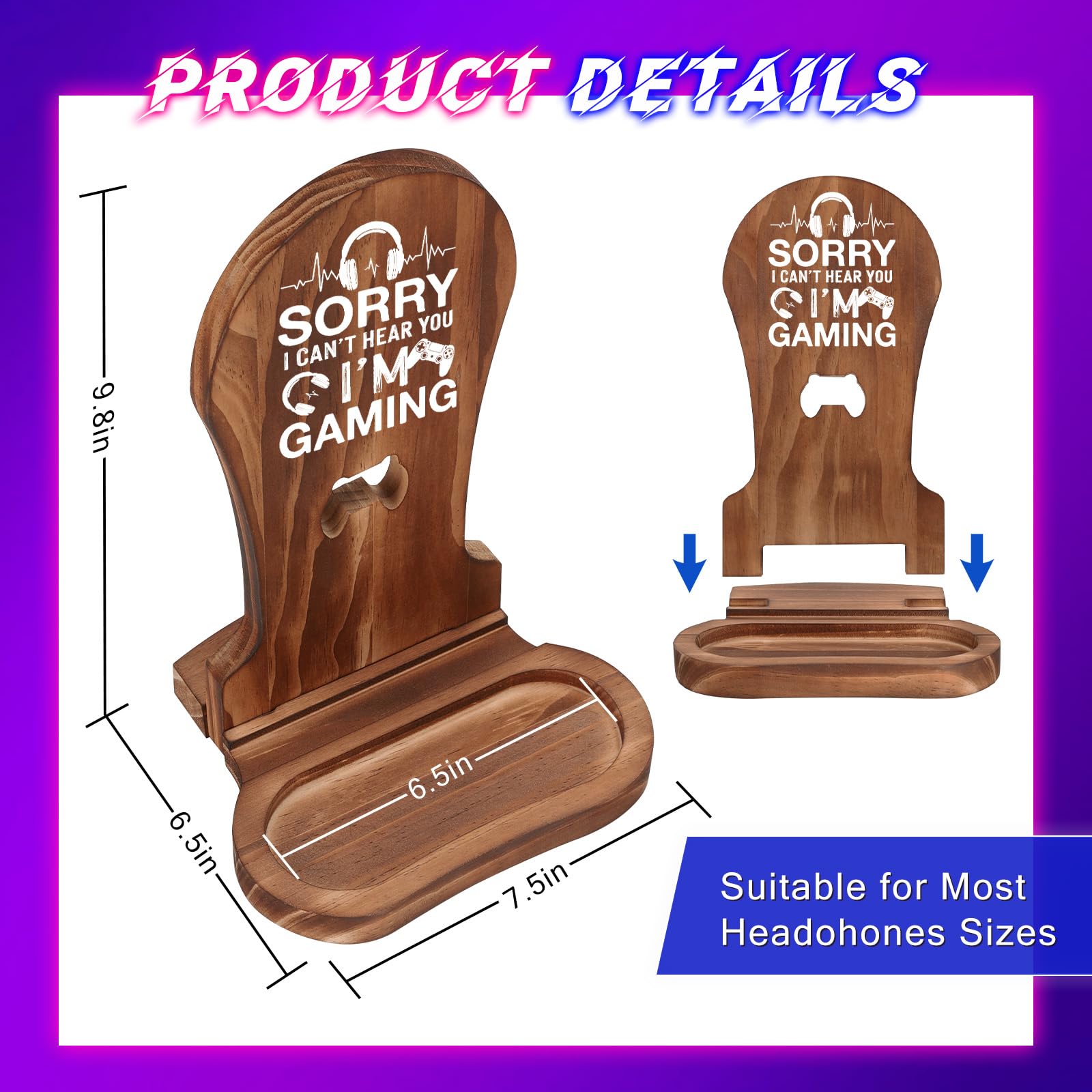 CryCarrot Regalos para jugadores para adolescentes y hombres, soporte de madera para auriculares y decoración de sala de juegos, con texto en inglés "Sorry I Can't Hear You I'm Gaming"
