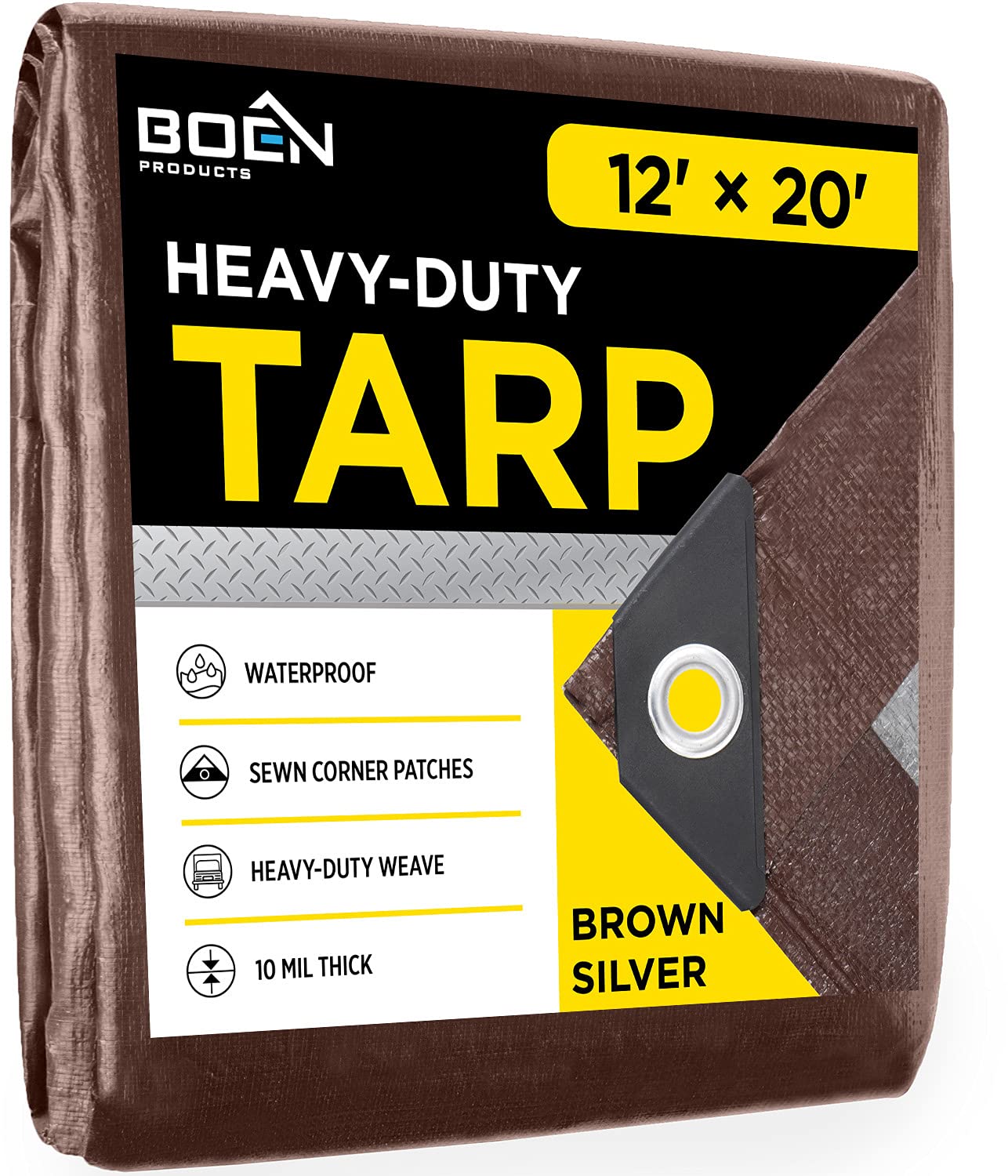 Tarp Heavy Duty Waterproof 10 Mil Thick Material, Multi-Purpose Tarpaulin Great for Canopy Tent, Boat, RV or Pool Cover, Shade and More (12' x 20', Brown-Silver)