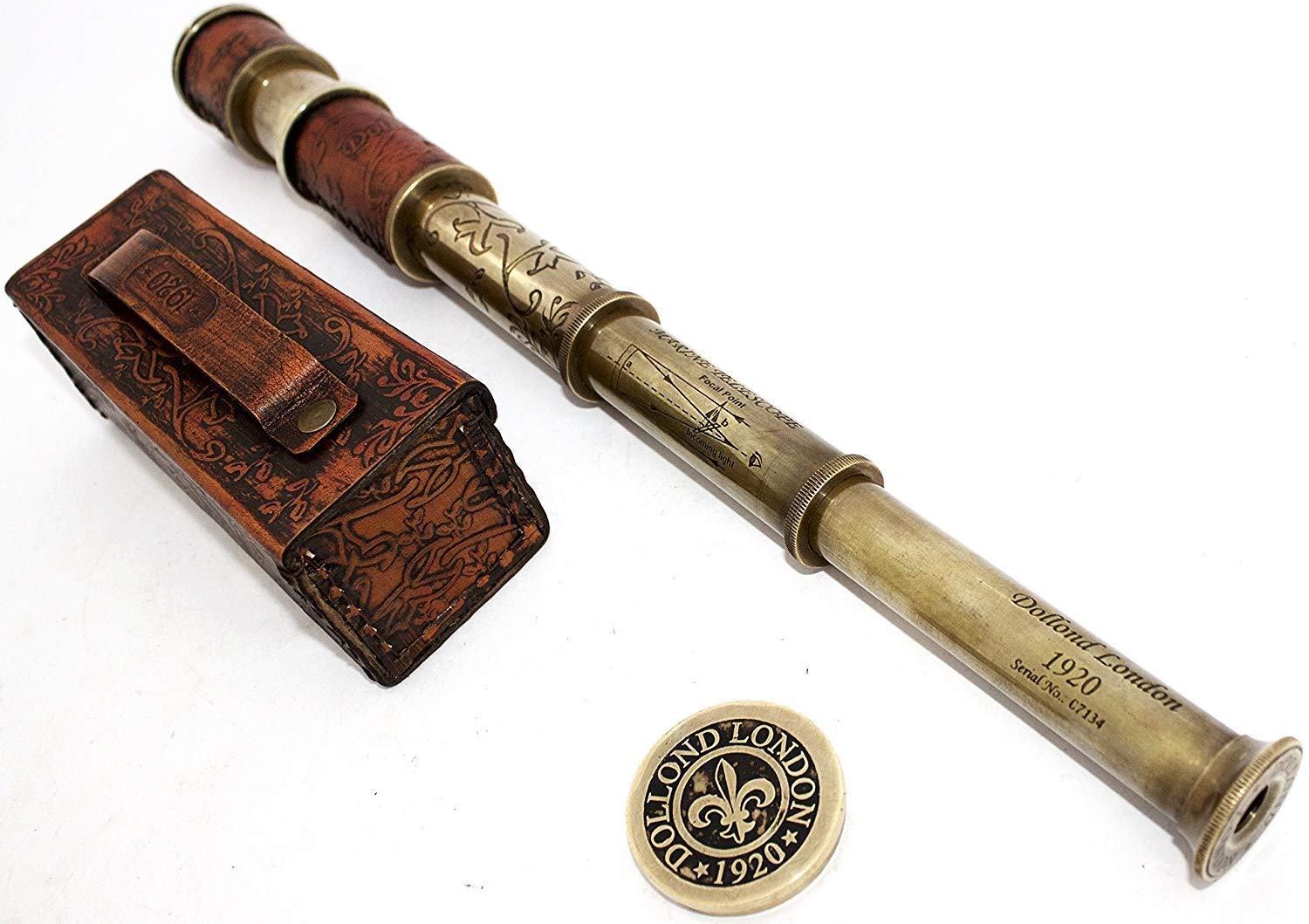 Telescopio da pirata in ottone con scatola in pelle, con cannocchiale in pelle, per marina Dolland, decorazione per la casa dei marinai, giocattolo per capitano dei pirati e barca, regalo
