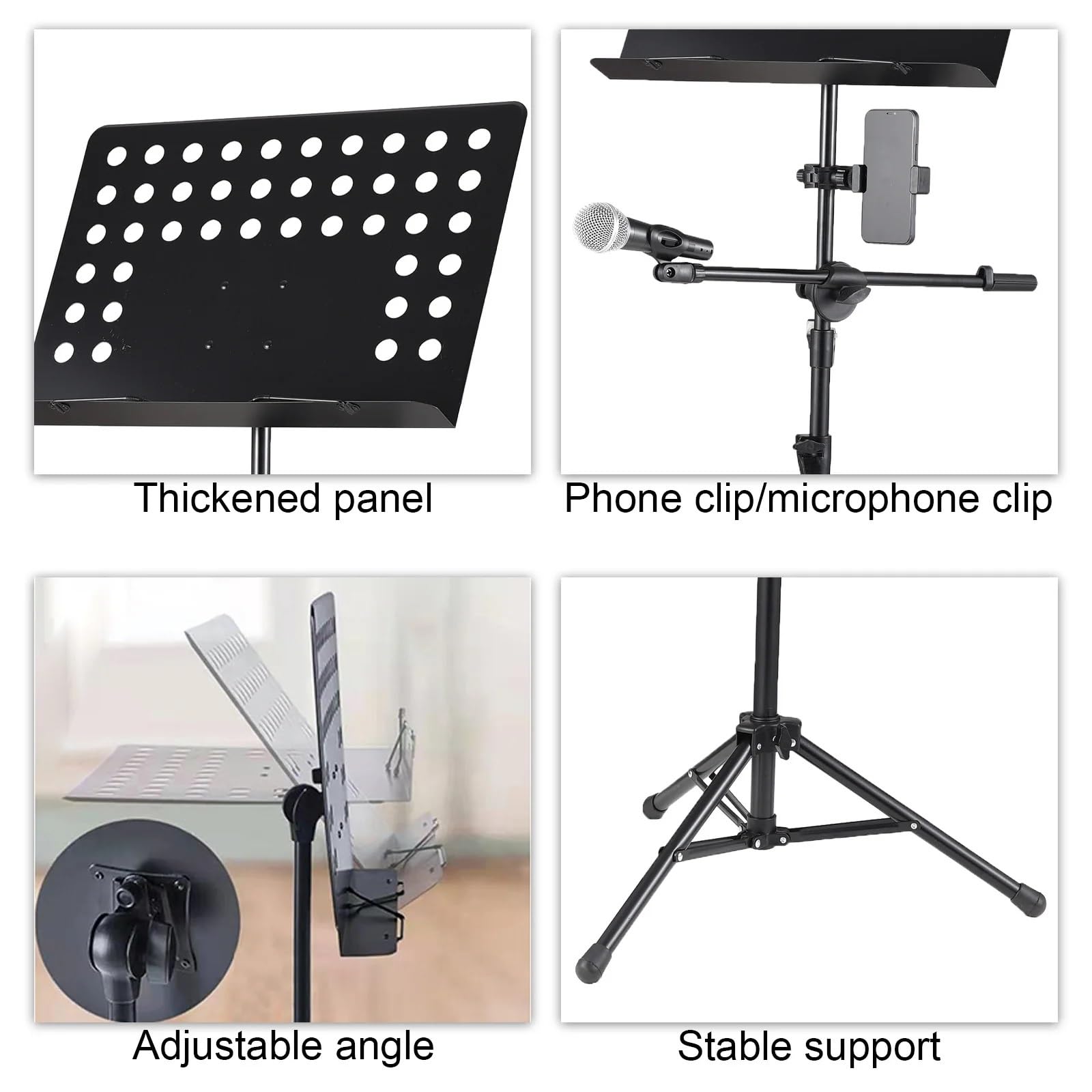 Faltbarer Notenständer 3-in-1-Profi-Notenständer, Abnehmbarer Mikrofonständer, Telefonhalter, Notenständer, Metall, höhenverstellbar, Stativständer