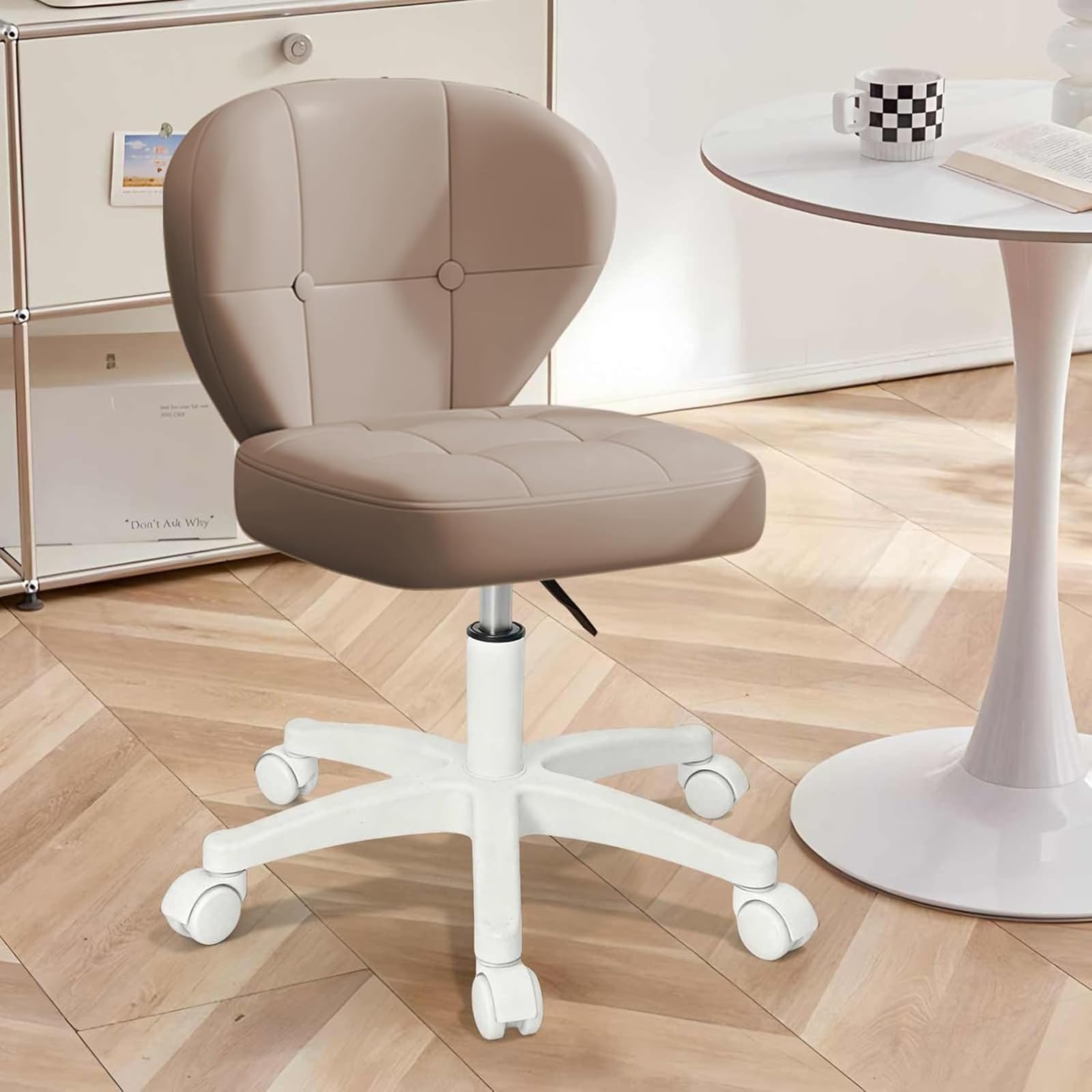 Small Office Chair with Lumbar Support, PU Leather Armless Swivel Desk Chair Adjustable Height, Compact Rolling Chair for Home Office, Bedroom, Study Khaki image 5