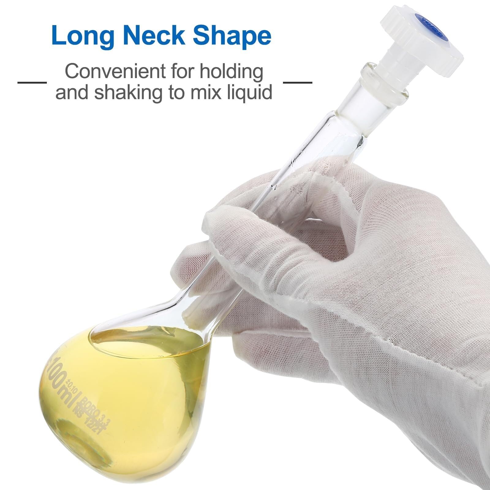Matraz aforado 100ml, 2 Piezas de Vidrio Borosilicato con Tapón para Laboratorio, Tolerancia ±0,1ml(8,10ML)