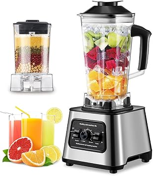 6000W Mixer Electric Blender, 2-in-1 Smoothie Maker with 2.5L Food Chopper and Grinder, Crushed Ice and Self-Cleaning Function, BPA Free