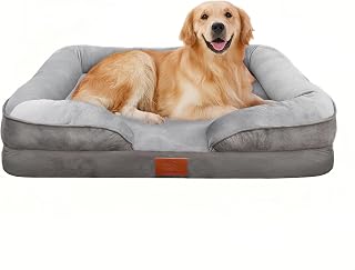 Orthopedic Foam Dog Beds for Large Dogs Waterproof Lining Dog Couch Bed with Removable Washable Cover and Anti-Slip Bottom High-Density Egg Crate Four-Side Bolster Pet Sofa Bed,35"x25",Grey