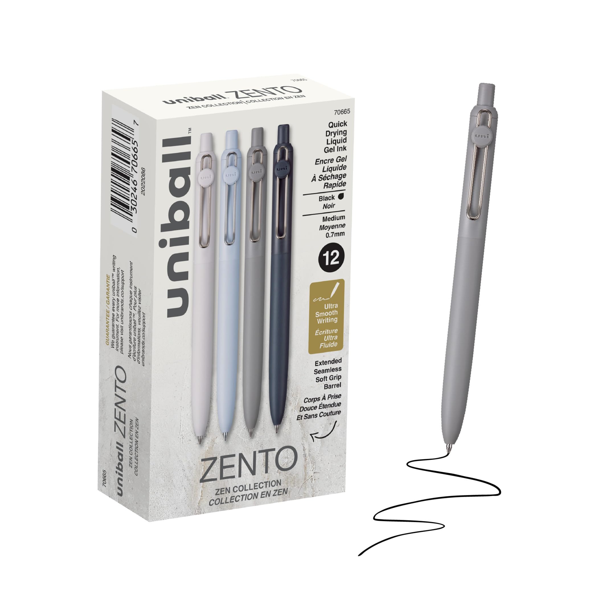 uniball Zento Gel Pens, Black Ink, 0.7mm Medium Point, Retractable, 12 Count, Smooth Writing, Quick-Drying, No Smear, No Bleed, Zen Barrel Colors 1 Count (Pack of 12) Zen
