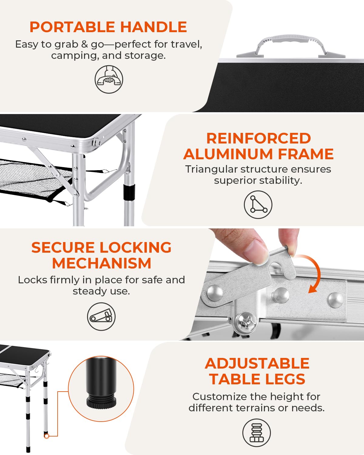Sportneer Tavolo da campeggio pieghevole, piccolo tavolo pieghevole in altezza regolabile, tavoli da campeggio portatili (23,6" L x 15,7" L (2 altezze)) con strato di rete per campeggio all'aperto
