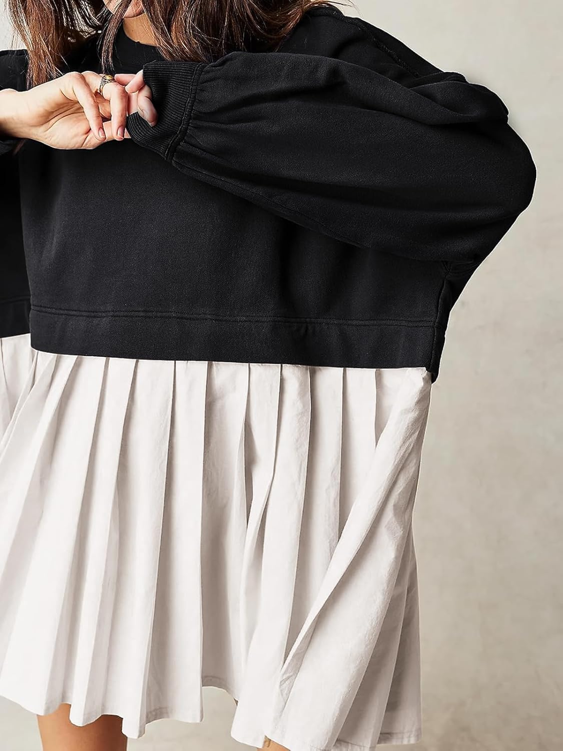 Dokuritu Sweatshirt Dress Women Crew Neck Long Sleeve Patchwork Pullover Tops Flowy Oversized Sweatshirt Mini Dress Black/White - Image 5