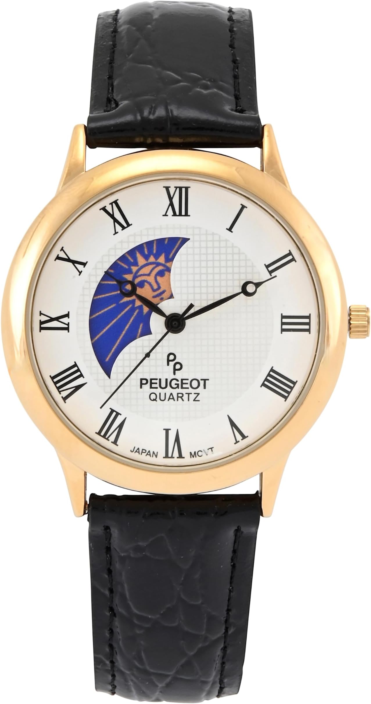 Peugeot Men's 14K Gold Plated Sun Moon Phase Vintage Dress Analog Watch with Leather Strap