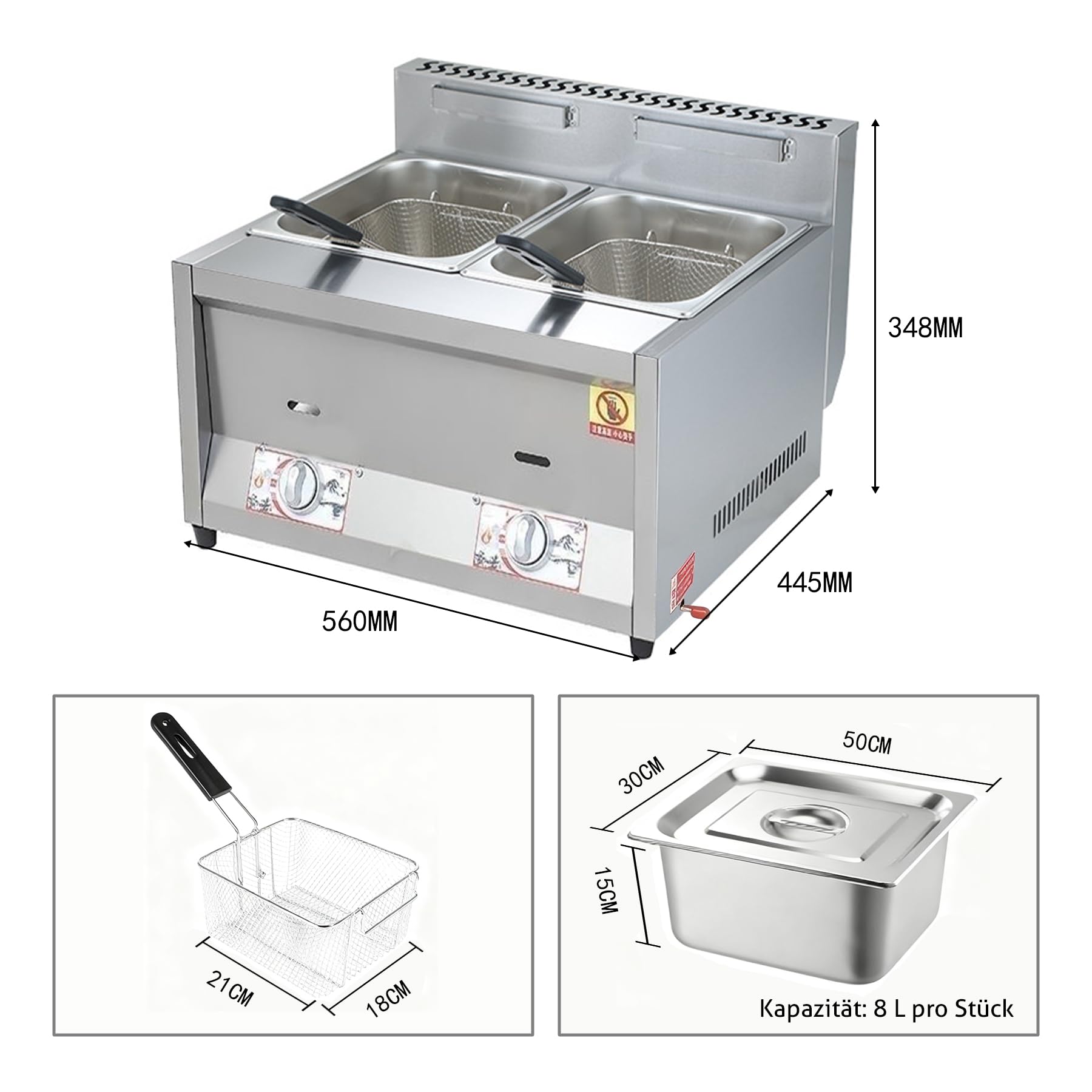 Friggitrice a Gas 16L Acciaio Inossidabile Friggitrice a Gas Professionale Deep Fryer con Coperchio, Cestello Friggere da Banco Patatine Fritte, Ciambelle, Ristoranti, Snack bar, Casa