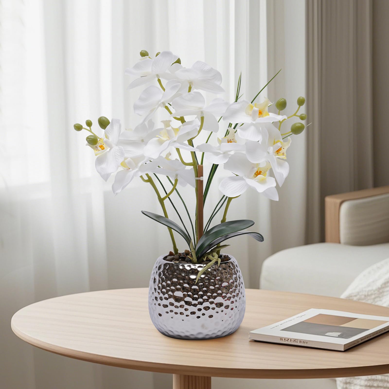 Orchidée artificielle en pot, fleurs artificielles, orchidées Phalaenopsis plante avec pot, orchidée artificielle blanche, pour salon table à manger véranda table à thé 36 x 39 cm