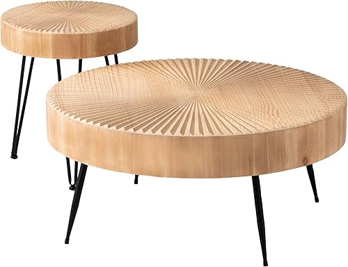 COZAYH 2-Piece Round Nesting Coffee Table Set, Natural Wood Top with Black Metal Legs, Radial Pattern – Rustic Farmhouse Accent for Living Room or