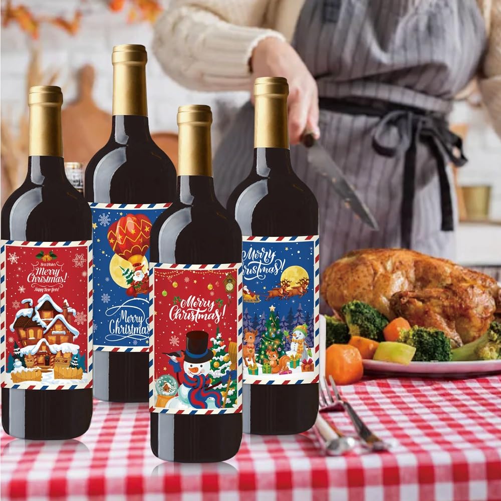 Christmas Wine Bottle Label Stickers Self Adhesive Wine Bottle Labels Stickers for Wine Beer Water Bottle Christmas Party Decorations Stickers