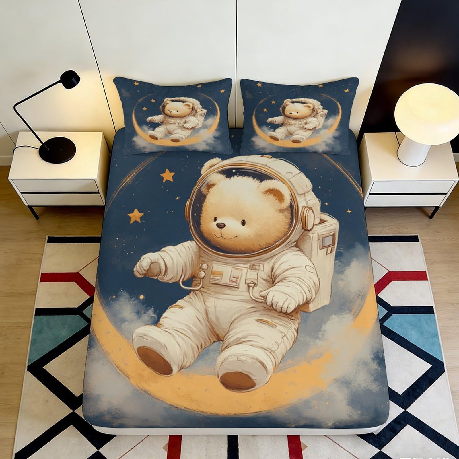 3D Printed Astronaut Bear Fitted Sheet Microfiber Soft Breathable Space Teddy Mattress Cover for Bedroom Dormitory Guest Room Mattress Protection Decor 180x200x25cm