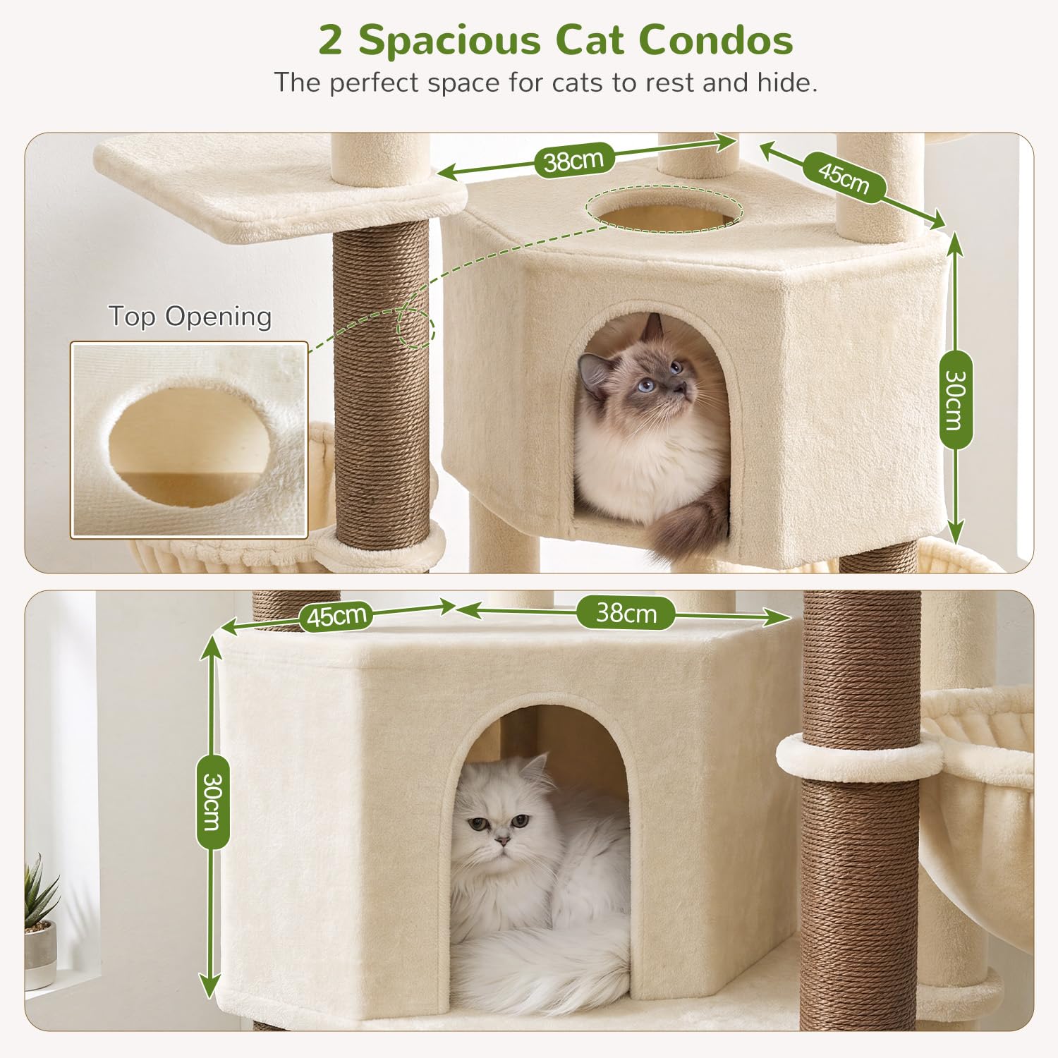 Globlazer Rascador beige XL de 177 cm de alto con 2 casas grandes para gatos, plataforma grande acolchada (60 x 44 cm), 3 cestas blandas, rampa para rascar sisal, estable para 2 – 4 gatos adultos