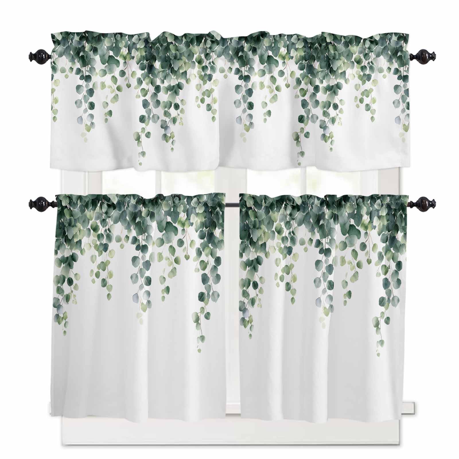 Green Leaves Kitchen Curtains 36 Inch Length, 3 Piece Rod Pocket Small Half Tiers and Valance Set, Watercolor Spring Eucalyptus Branches Small Large Window Treatment Decor for Bedroom/Bathroom Sink