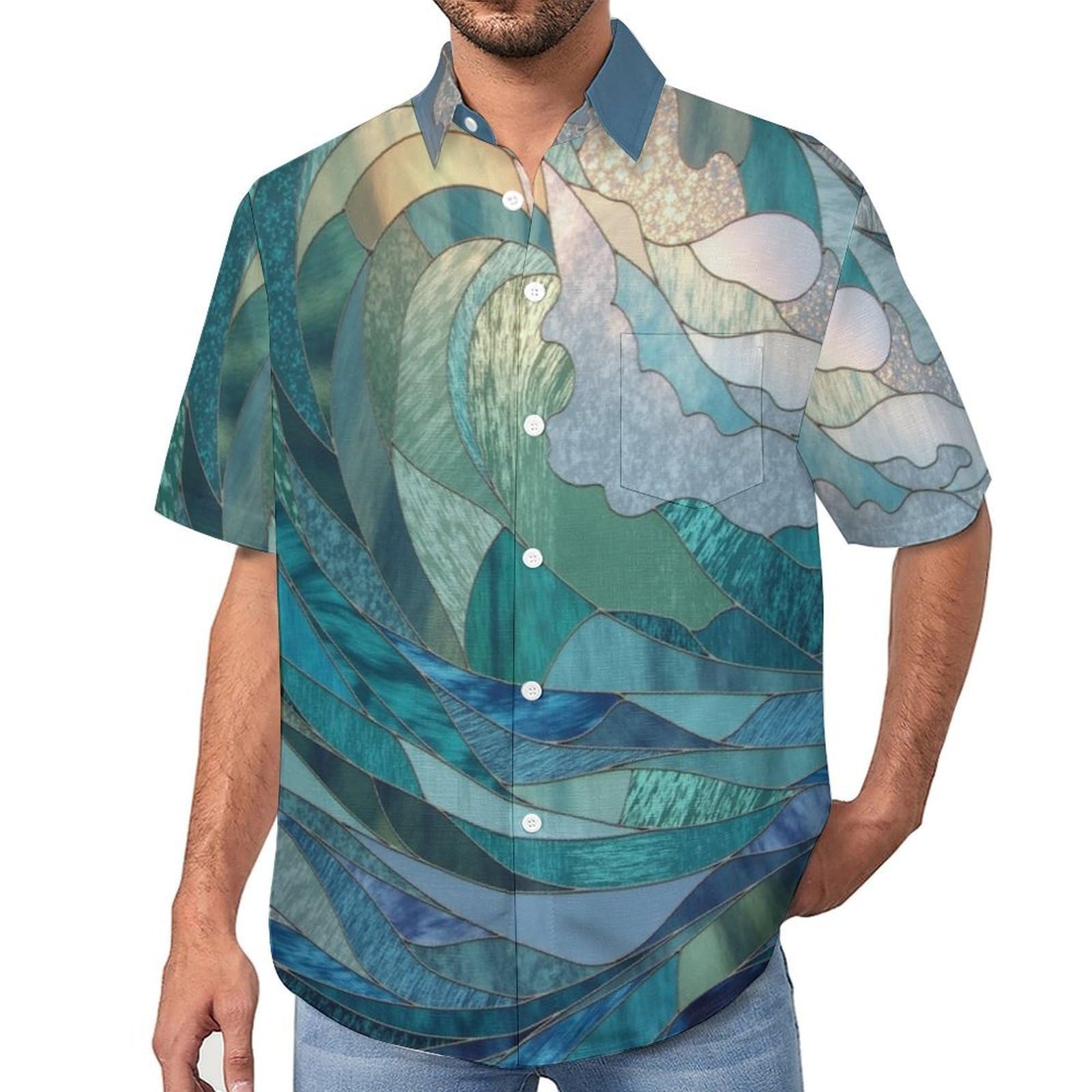 Funky Camicia Hawaiana Uomo, Manica Corta Design Aloha Camicie con Bottoni, Estiva Camicie a Onde Oceaniche su Lastra di Vetro Casual Stampa Spiaggia Estate Arte Astratta Camicia
